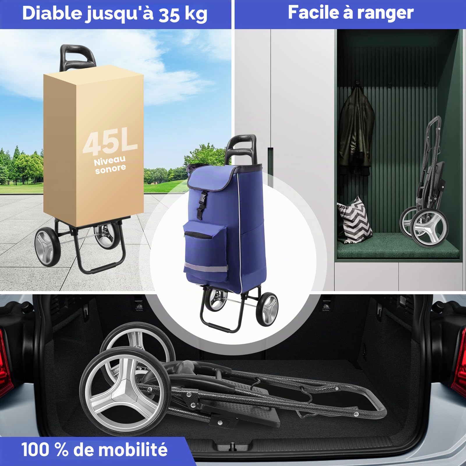 Chariot de courses 3 en 1 - Grand chariot de 45 l - Chariot de courses avec compartiment isotherme - Sac de courses avec roulettes - Sac pliable - Sac amovible - Chariot de courses - Chariot à main