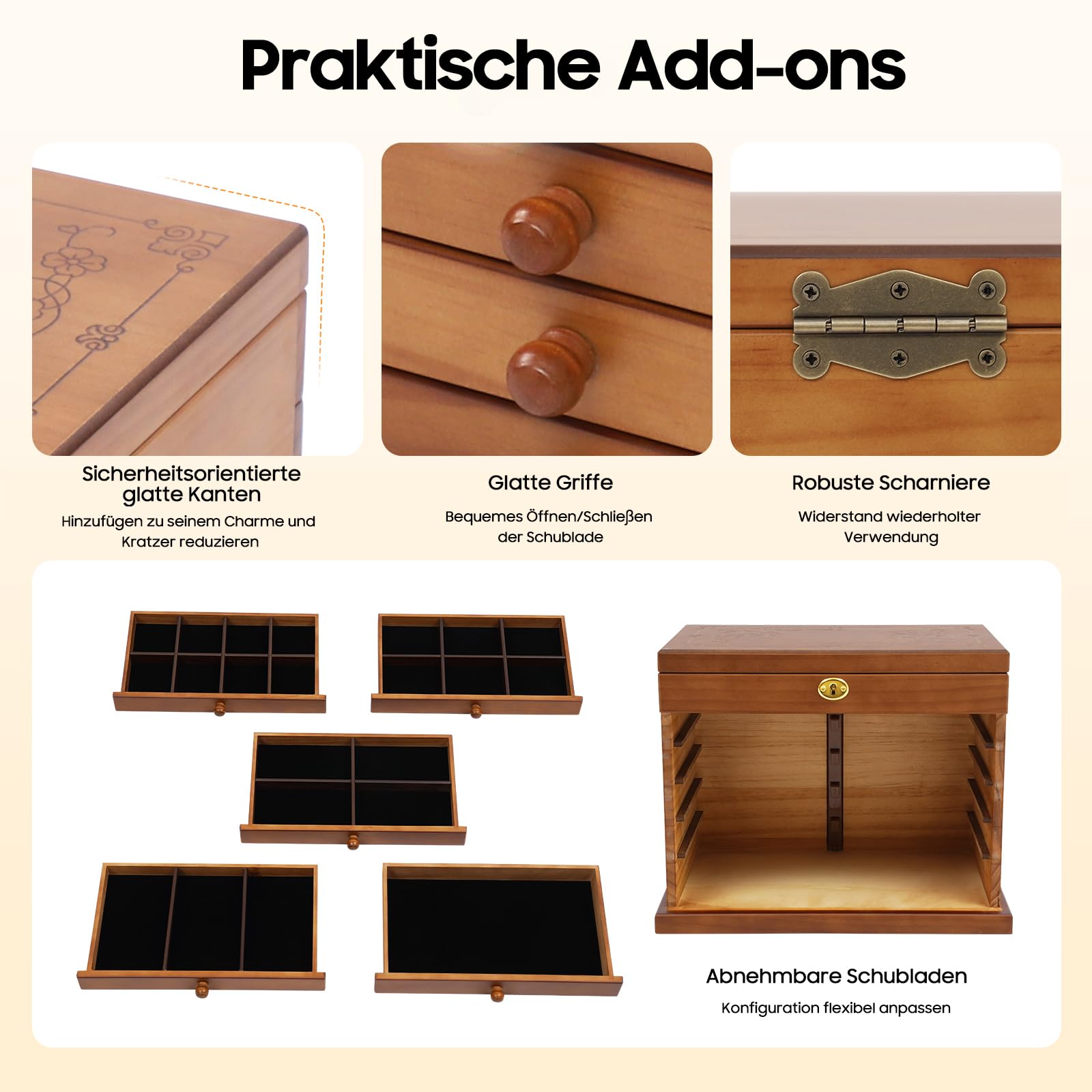 Schmuckkästchen Holz mit 6 Schubladen und Spiegel | Hochwertige Schmuckaufbewahrung, Samt-Innenfutter, Für Ketten, Ohrringe, Ringe und Armbänder