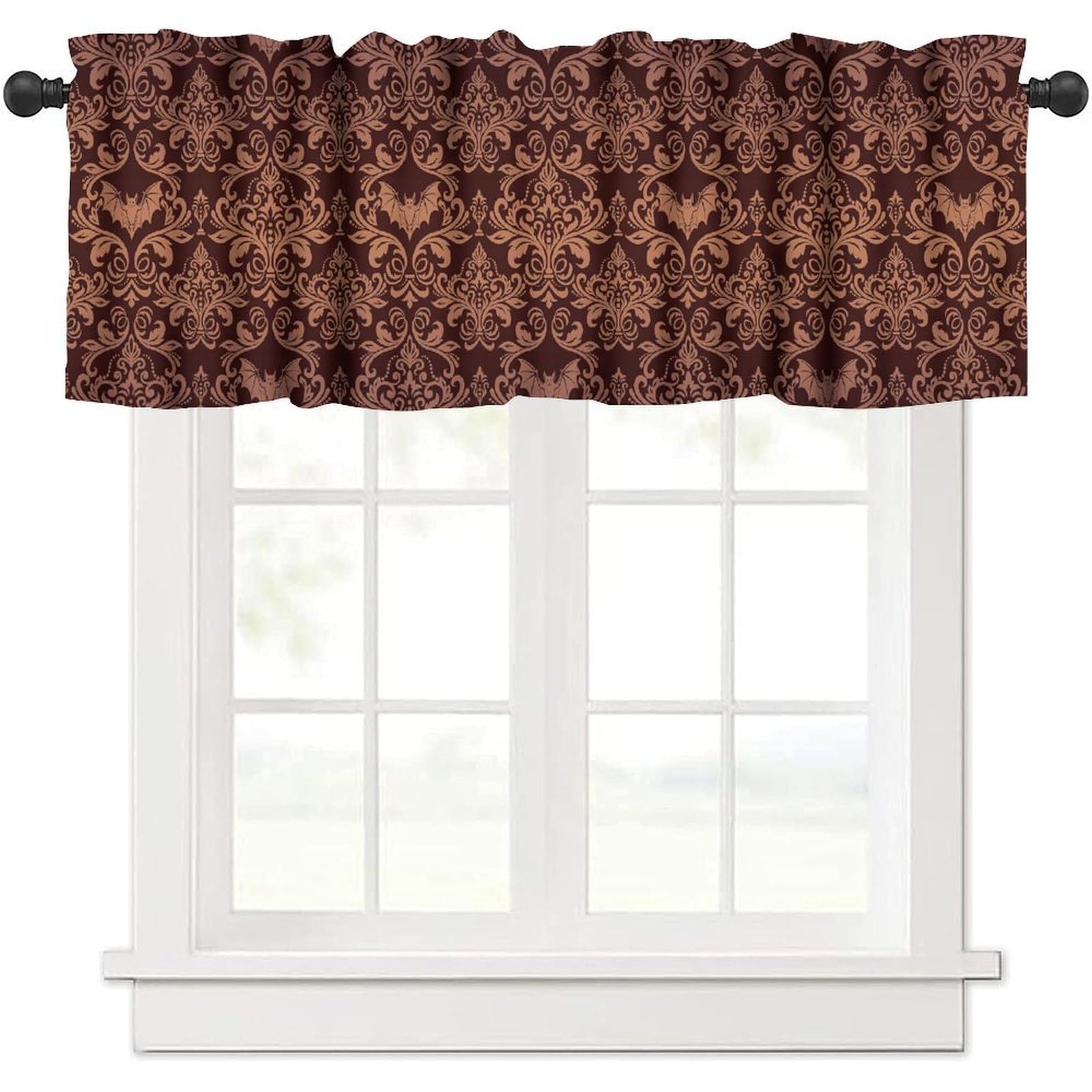 moderw Damask Gothic Vintage Window Valance Curtains Antique Floral Victorian Goth Window Treatments Bat Bats Skulls Bone Bohemian Valance Curtain for Farmhouse Living Room Kitchen 54x18inch