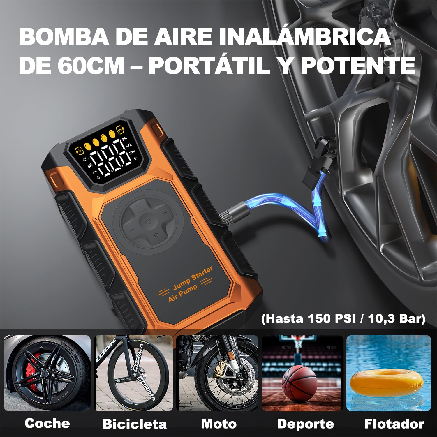 Arrancador de Baterias de Coche con Compresor Aire, 5000A 12V Arrancador de Coches(Toda Gas/10L Diesel), 7en1 Profesional Portatil Jump Starter Cargador Bateria con 150PSI Inflador/18W Carga Rápida
