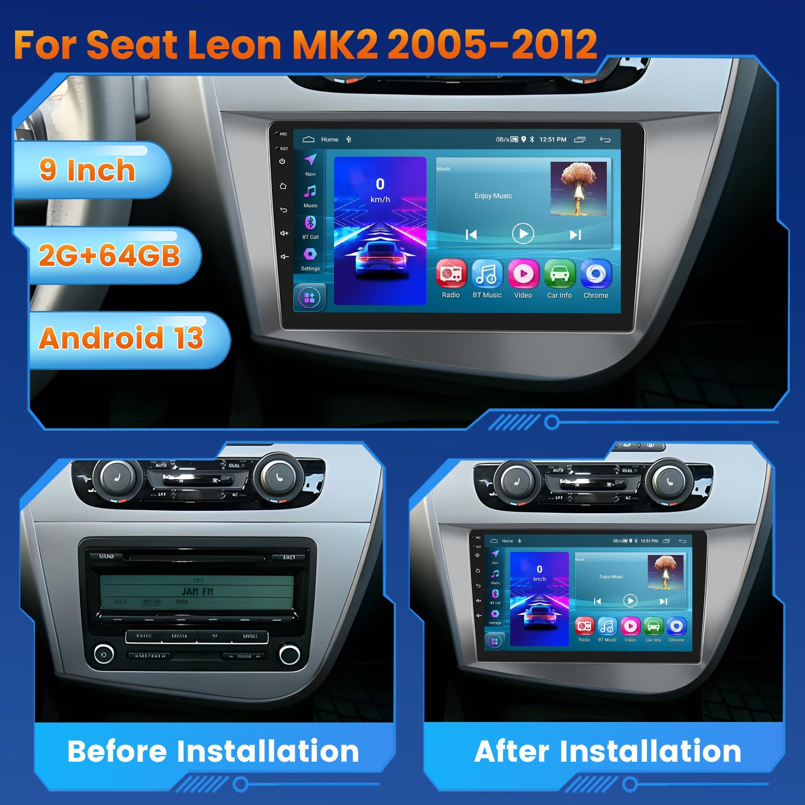 [2+64GB] Inefala Autoradio Android para Seat Leon MK2 2005-2012, 9" Pantalla Radio Coche Bluetooth con Wireless Carplay Android Auto GPS WiFi RDS/FM SWC USB Canbus Cámara de Marcha Atrás Mic — view 2