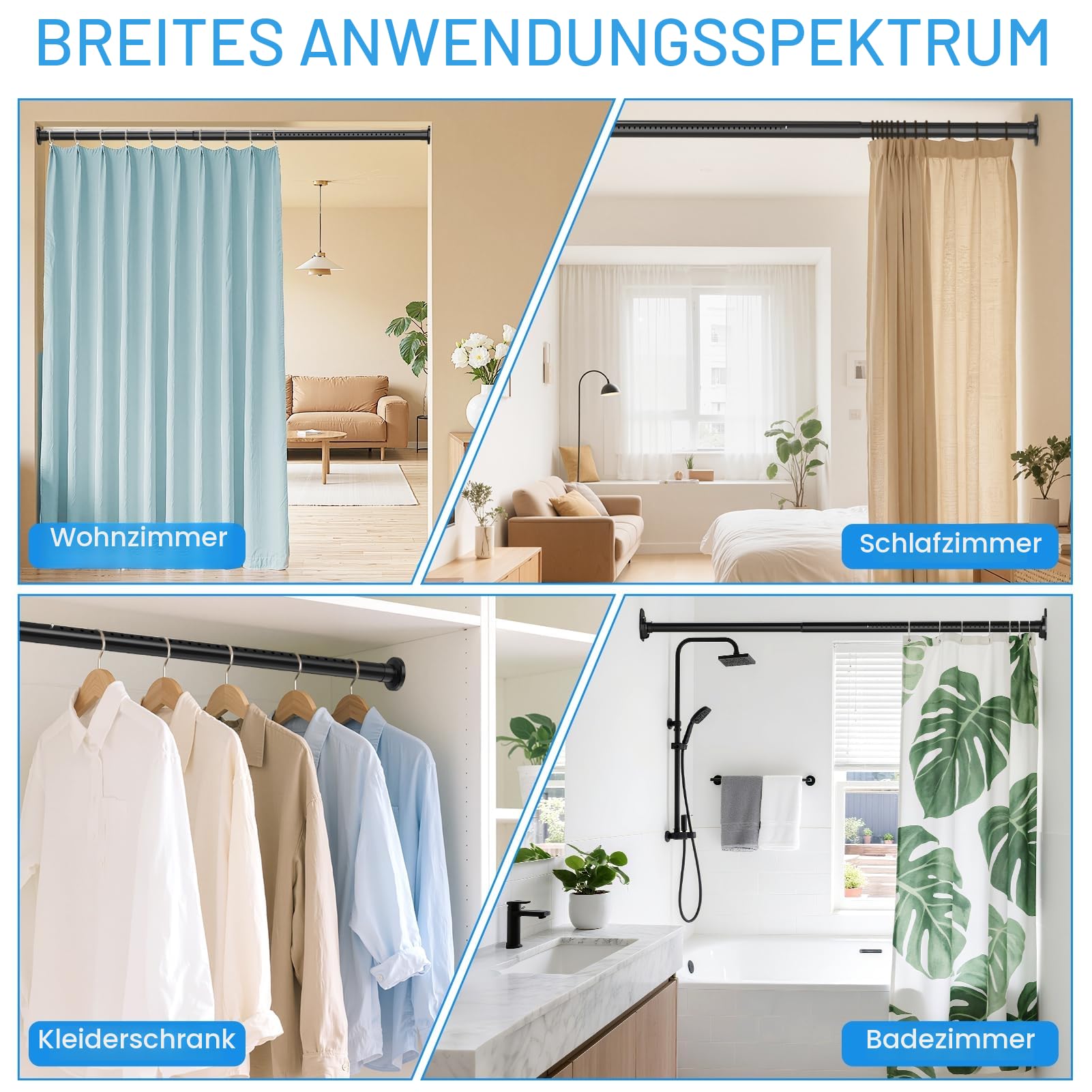 WELDUN Gardinenstange ohne Bohren 98-150cm Vorhangstange ohne Bohren Φ32mm Duschvorhangstange inkl 2 Wandsockel Teleskopstange Klemmstange für Badezimmer und Fenster Kleiderstange Schrank Schwarz