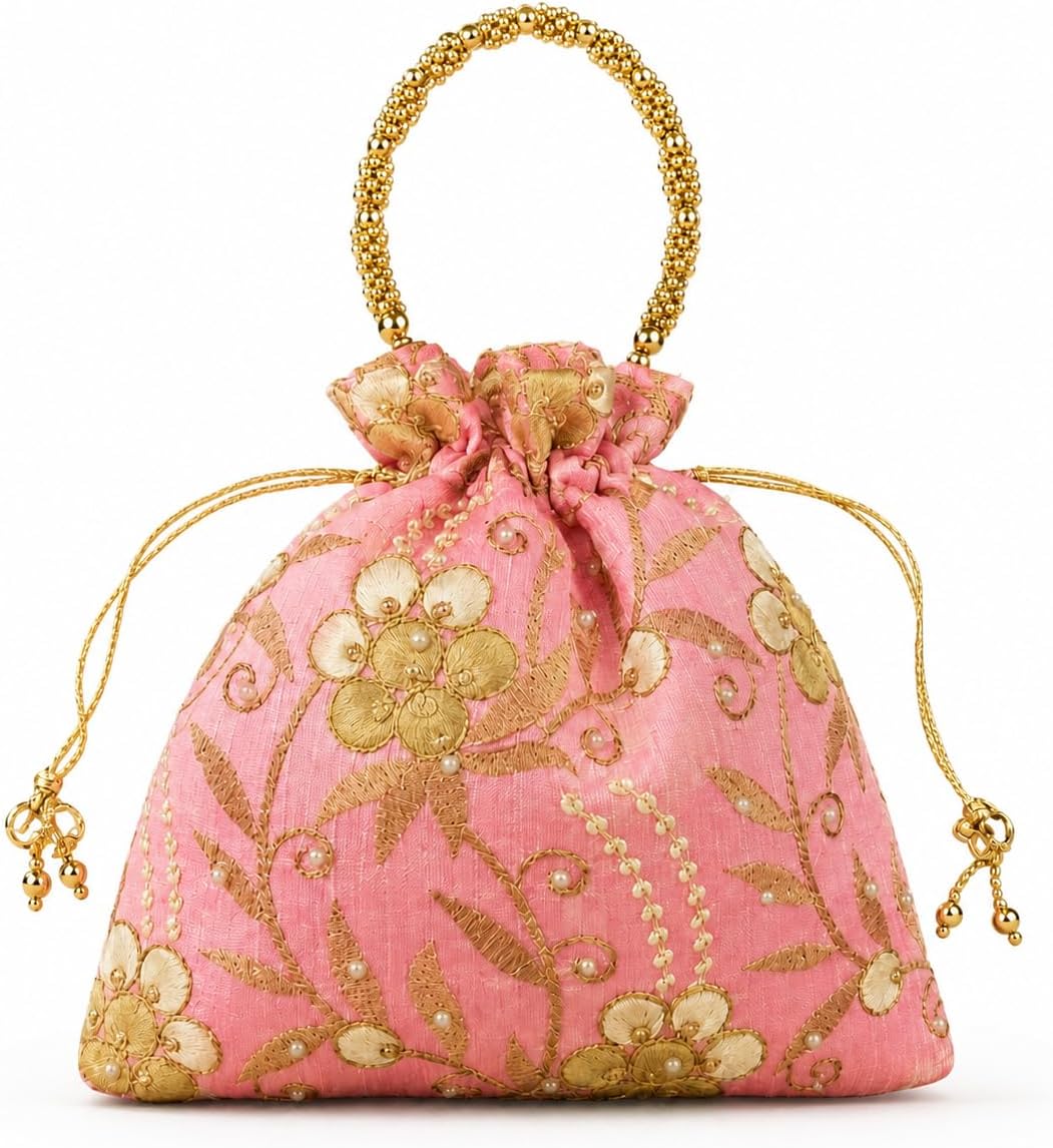 LOVENSPIRE Designer Potli Bag (8x6 Inch) with Embroidered Floral Detail – Small Handmade Drawstring Gift Bags for Wedding, Women Jewelry, Party Favors & Indian Return Gifts Pink / 1 Pc
