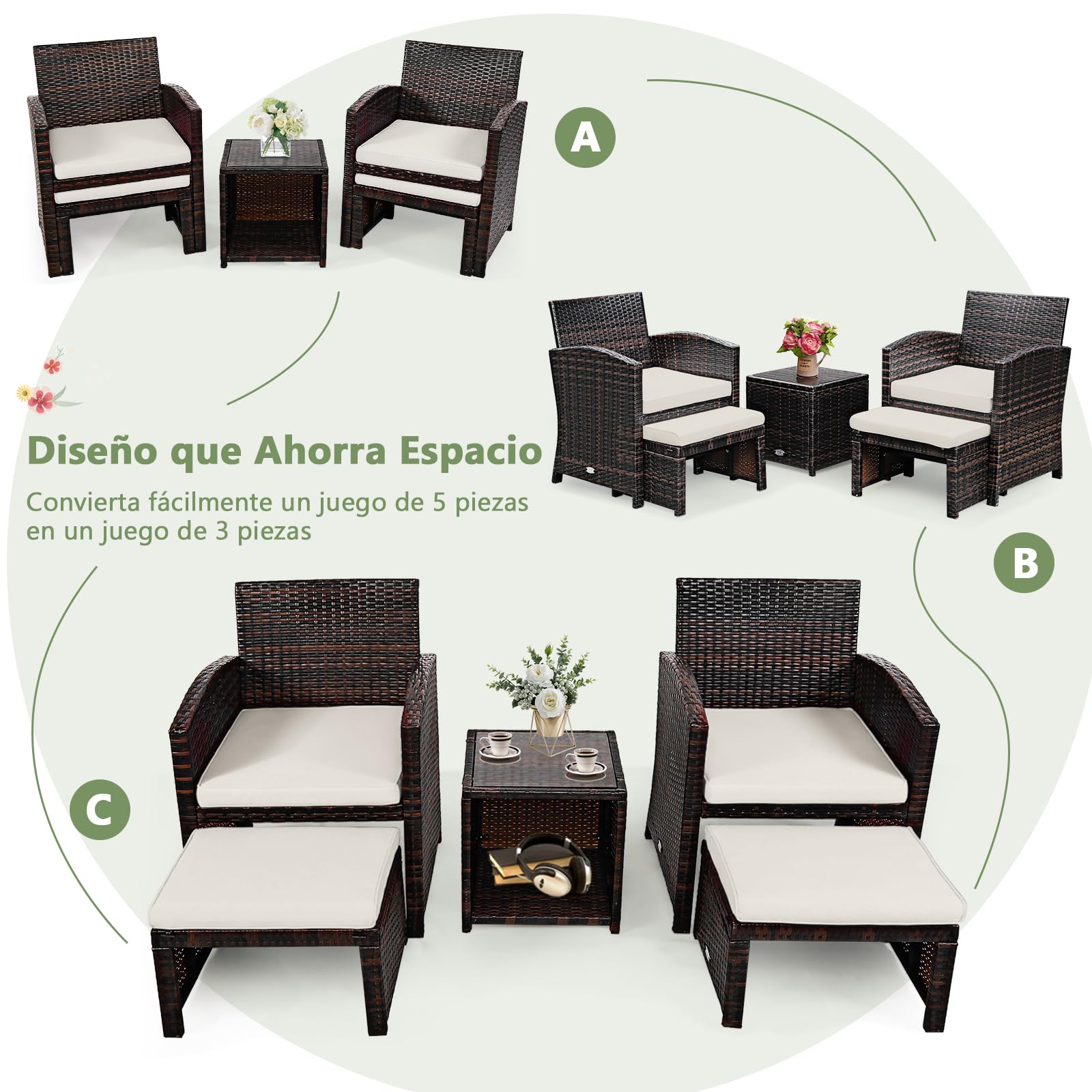 GIANTEX Juego de Muebles de Ratán para Exterior, Conjunto de Muebles 5 Piezas, 2 Sillones con Cojines, 2 Reposapiés y 1 Mesa de Café, Mesa con Espacio de Almacenamiento, para Terraza, Patio (Blanco)