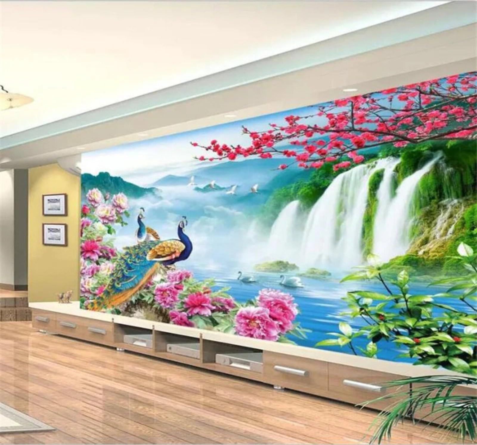 Xlming 200Cm×140Cm(B×H) Beautiful Landscape Waterfall Peacock Fairyland 3D Wallpaper Luxury Silk Study Dining Feature Sofa Grey Bedroom Living Room Tv Decorative Wall-200Cm×140Cm