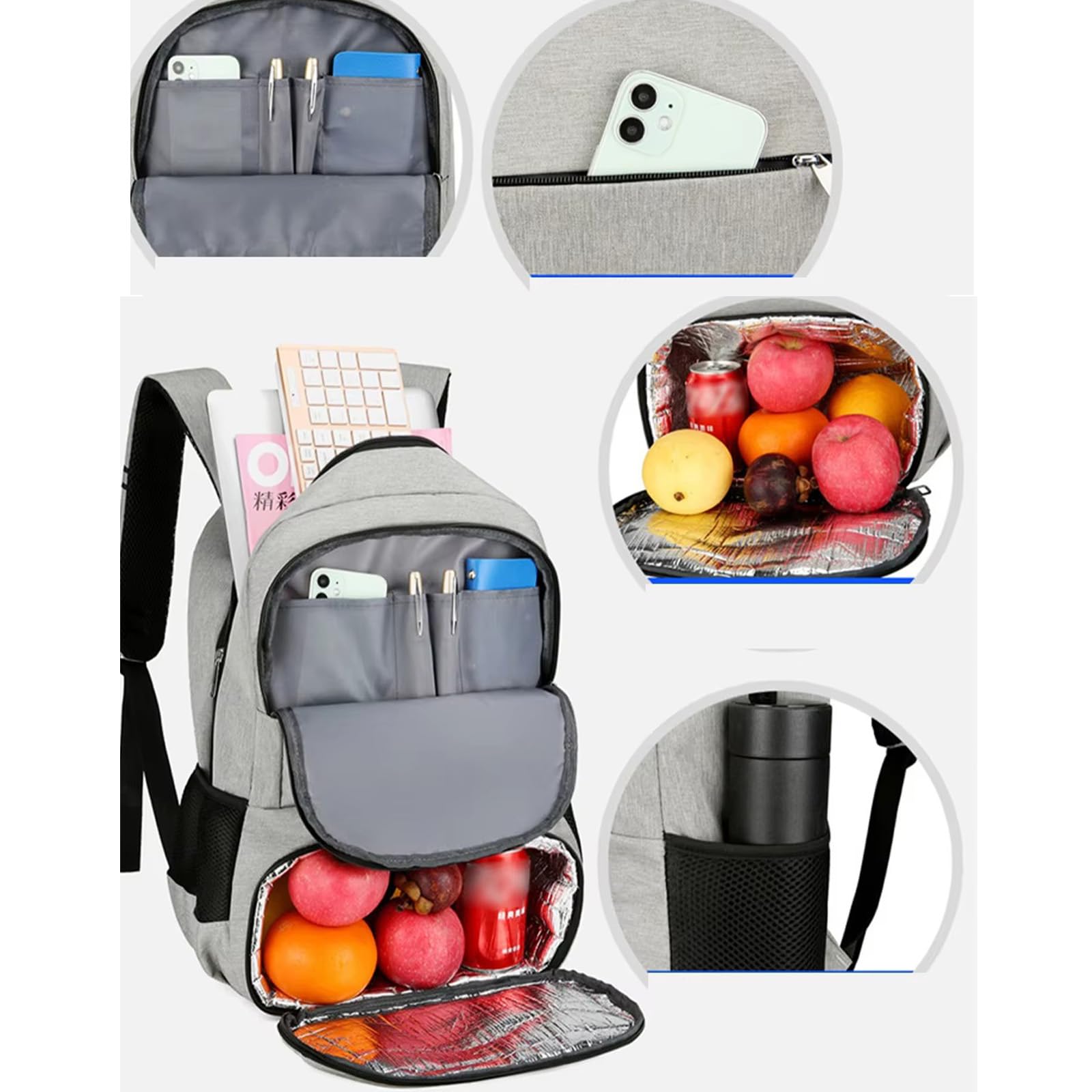 Zaino PC Portatile, Zaino da Viaggio con Borsa Termica Porta Pranzo con Porta USB, Laptop Zaino Lavoro Donna Uomo per Campeggio Viaggio - Nero