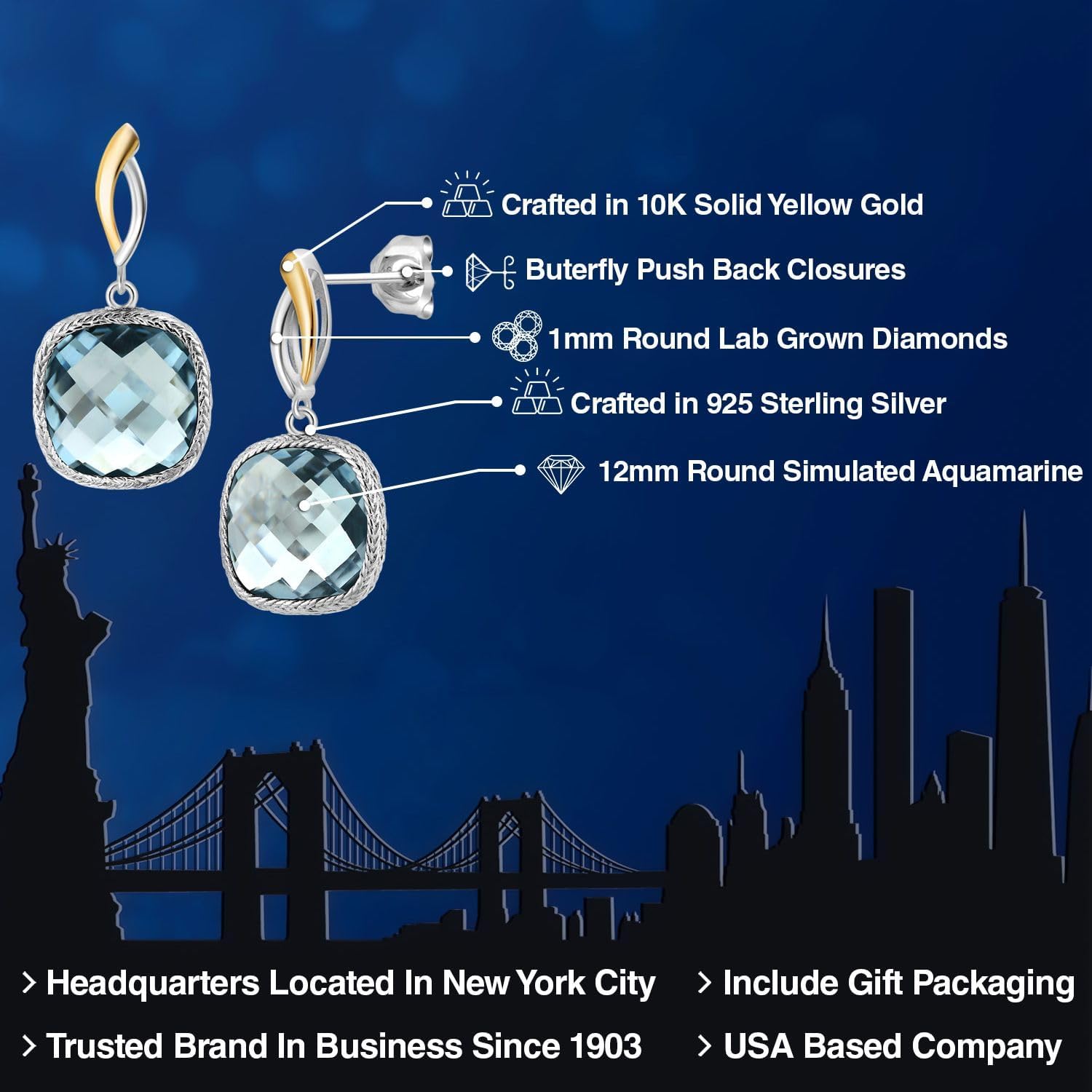 Gem Stone King 12.00 Cttw Sky Blue Simulated Aquamarine Earrings for Women | 925 Sterling Silver | Gemstone March Birthstone | Cushion 12MM | Fine Jewelry Gifts for Her Mom Women Wife