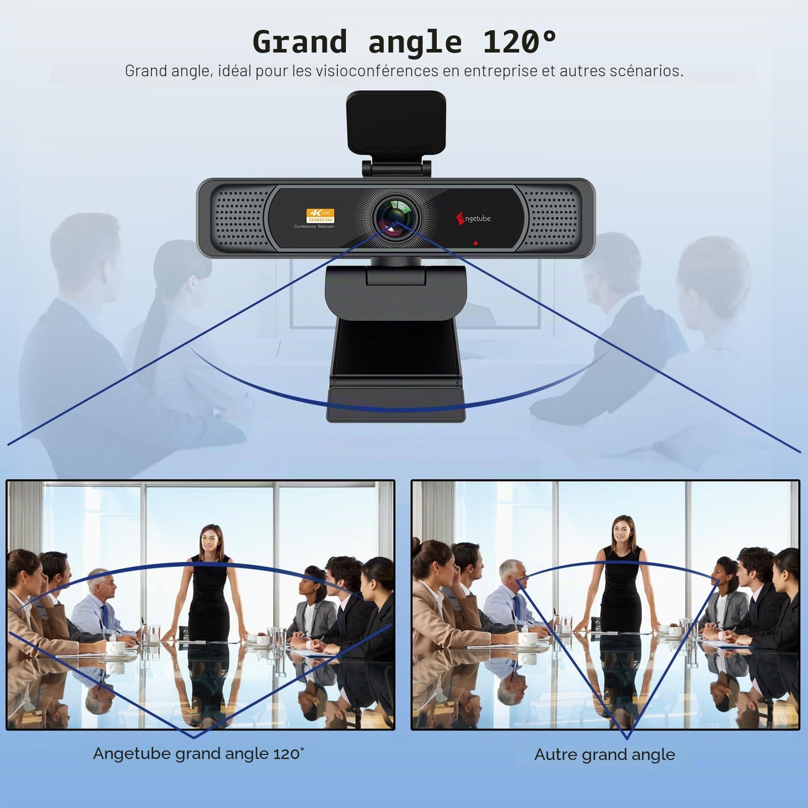Angetube Webcam 4K,Caméra PC Grand Angle 120° pour Conférences et Streaming
