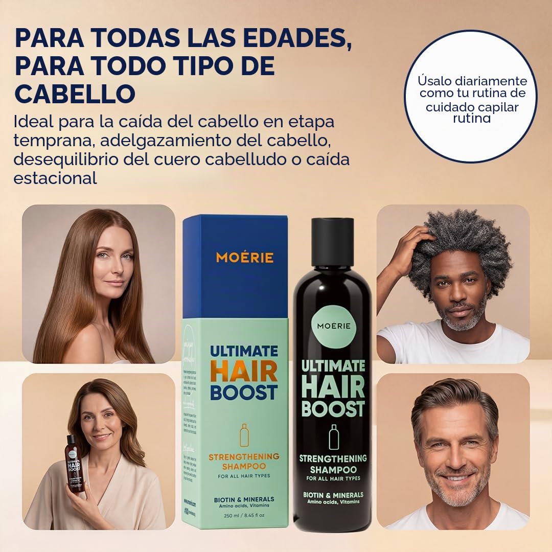 Moerie Ultimate champu de cabello crecimiento – pelo Grueso y Abundante - Shampoo Anticaída Mujer – Producto voluminizante - vegano - sin parabenos ni silicona - todo tipo de cabello – 250 ml X2