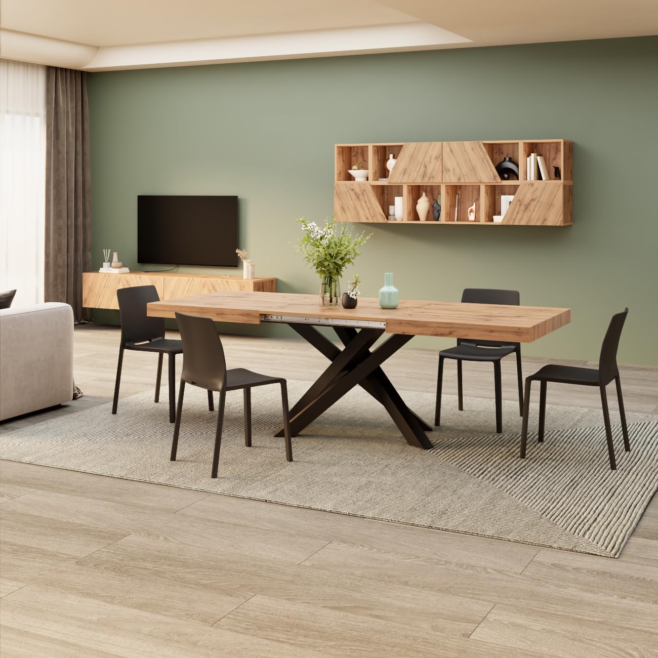 MOBILI FIVER, Ausziehbarer Esstisch Emma 140(220) x90 cm, Rustikale Eiche mit Schwarzen gekreuzten Beinen, Made In Italy