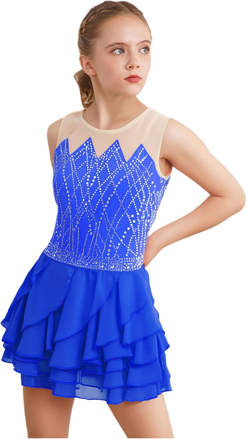 Kids Girls Sleeveless Figure Skating Dress Ruffle Layered Skirted Leotard Ballet Lyrical Dance Dress