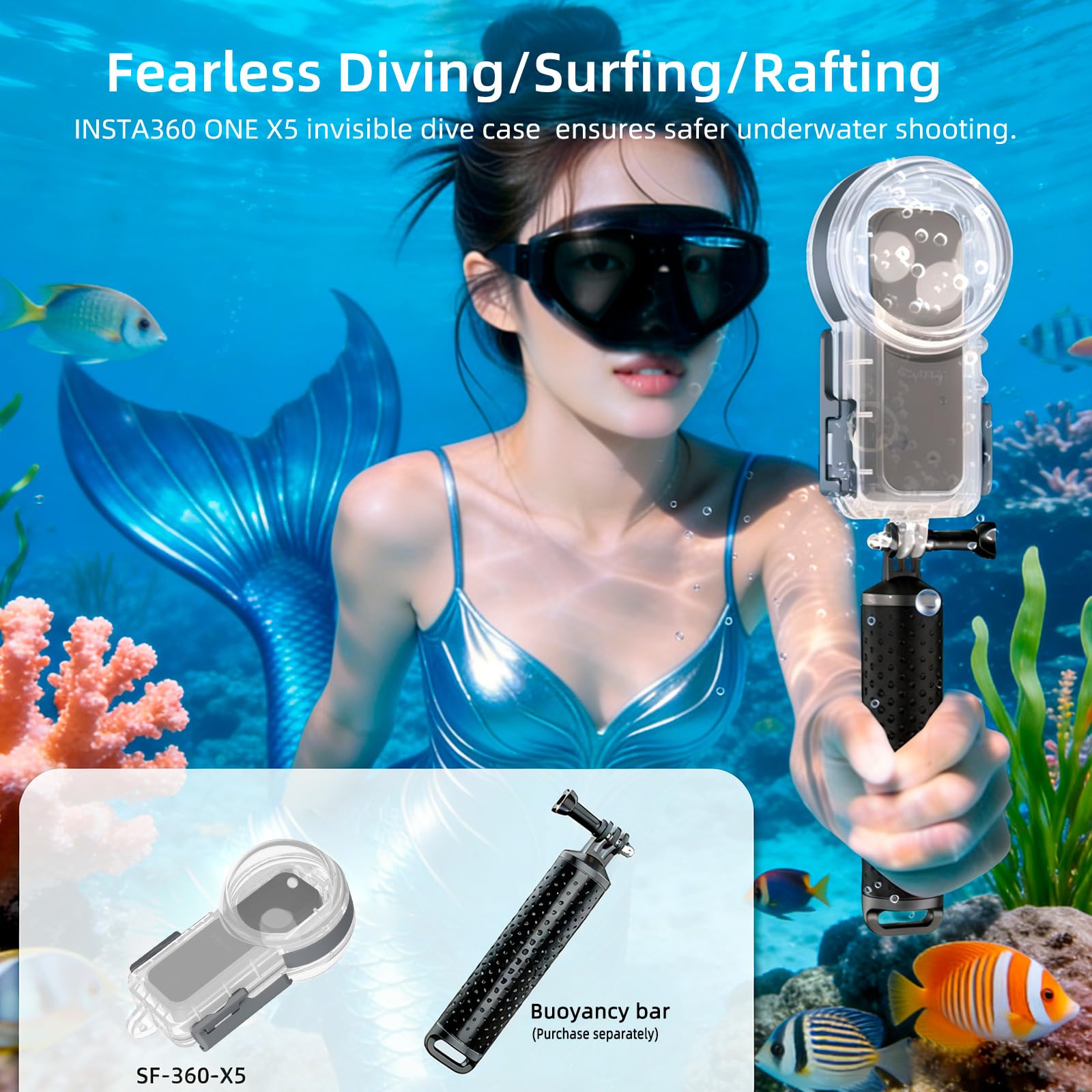 Carcasa Impermeable + Agarre Flotante para Insta 360 X5, 50 m, Funda Protectora de Buceo Submarino con Mango Flotante Antideslizante, Kit de Accesorios de esnórquel