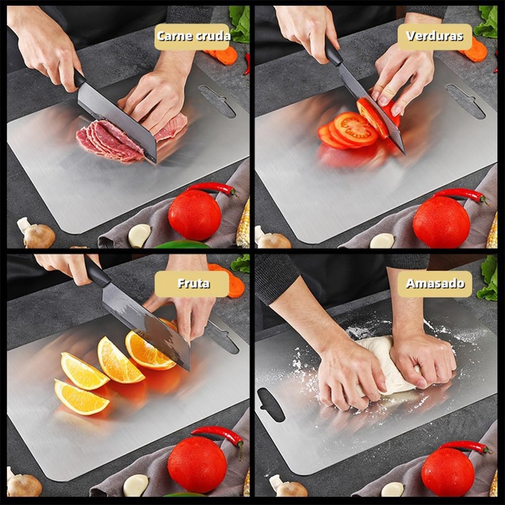 Tabla de Cortar de Titanio, Doble Cara, Multifunción Tabla de Cortar de Doble Cara, Tab-la de Cor-tar Acero Inoxidable, Ideal para Carne, Pan, Verduras y Frutas, Duradera e Higiénica (A