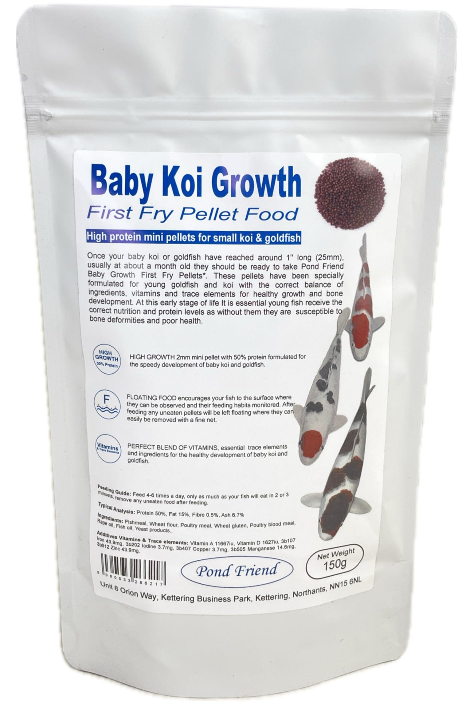 Pond Friend High Protein Koi Growth Food – 2mm Mini Pellets for Small Koi, Goldfish & Carp – 50% Protein Premium Pond Fish Food Fry Grower – 150g