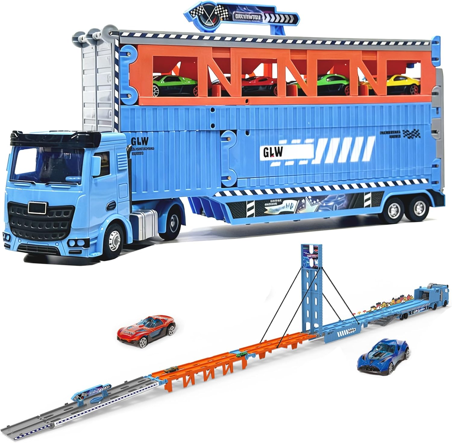 78 Inch Foldable Extended Carrier Truck Race Track Playset with Portable Storage Box– 8 Die-Cast Cars, Multi-Functional Transport Truck Toys for Toddlers Ages 3-8