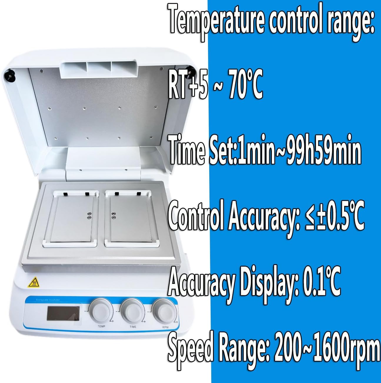 Microplate Thermo Incubator Microplate Shaker Mixer Capacity 2 Microtiter Plates or Deep Well Plates Speed Range 200 to 1600rpm Temperature Control Accuracy ≤±0.5°C