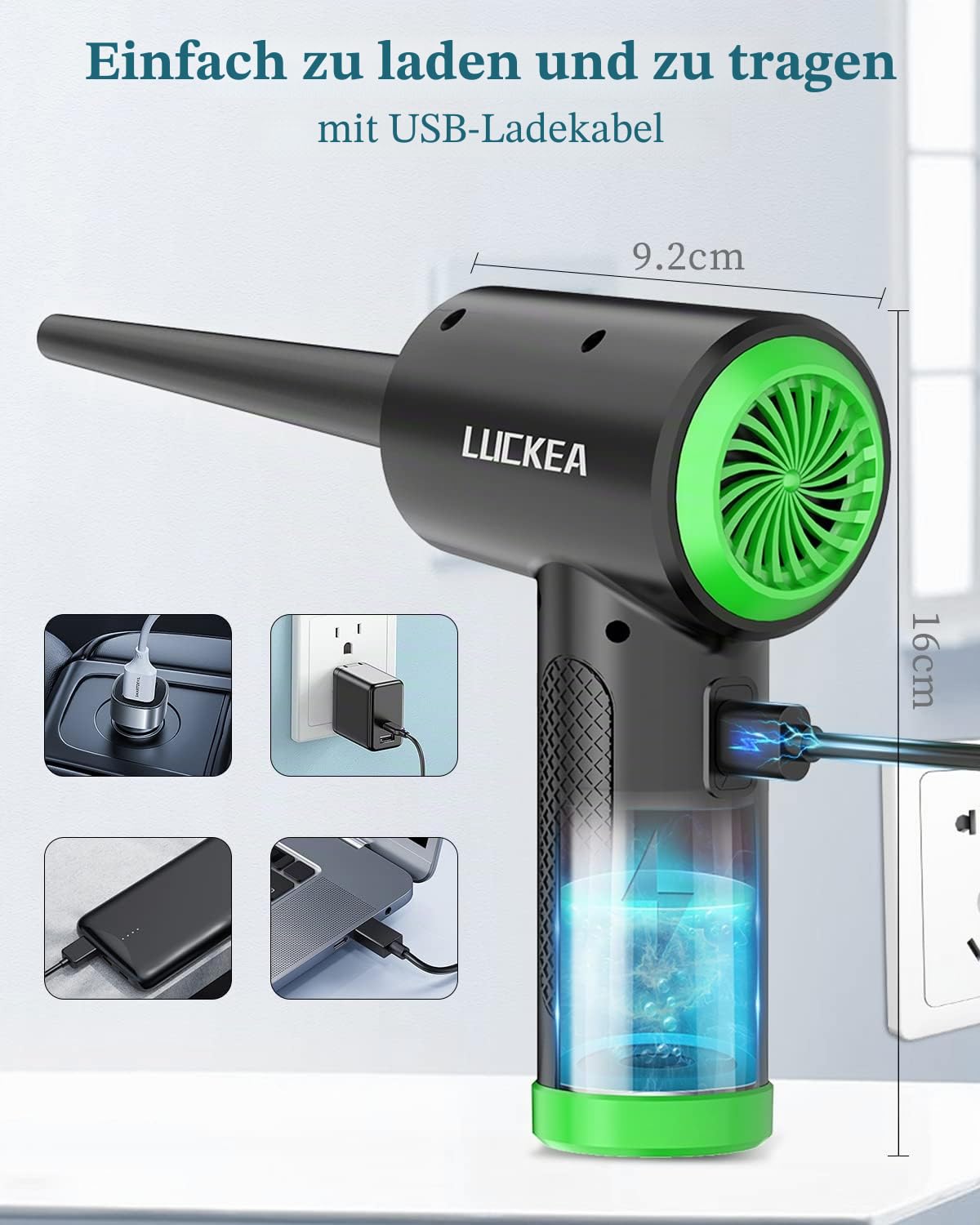 Elektrische Staubgebläse Druckluftspray für PC Reinigungsset - LUCKEA 3-Gang Air Duster Luftdruckspray mit LED-Licht, Tastatur Reinigung Druckluft Luftspray für Laptop, Sofa, Auto, Bürogeräte