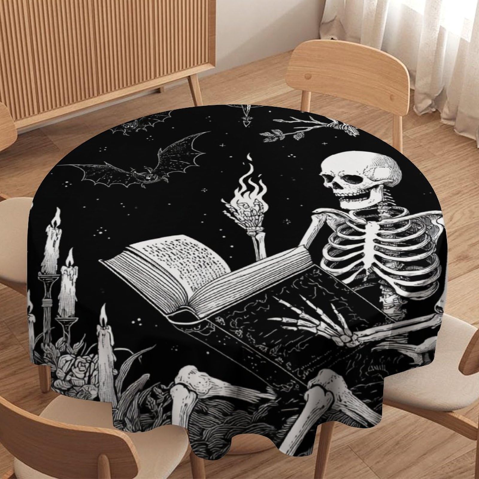 LUYYSKY Funny Abstract Gothic Skeleton Waterproof Round Tablecloth Mid Century Rustic Halloween Animal Owl Bats Horror Skull Washable Table Cover for Kitchen-127 Wx127 L cm