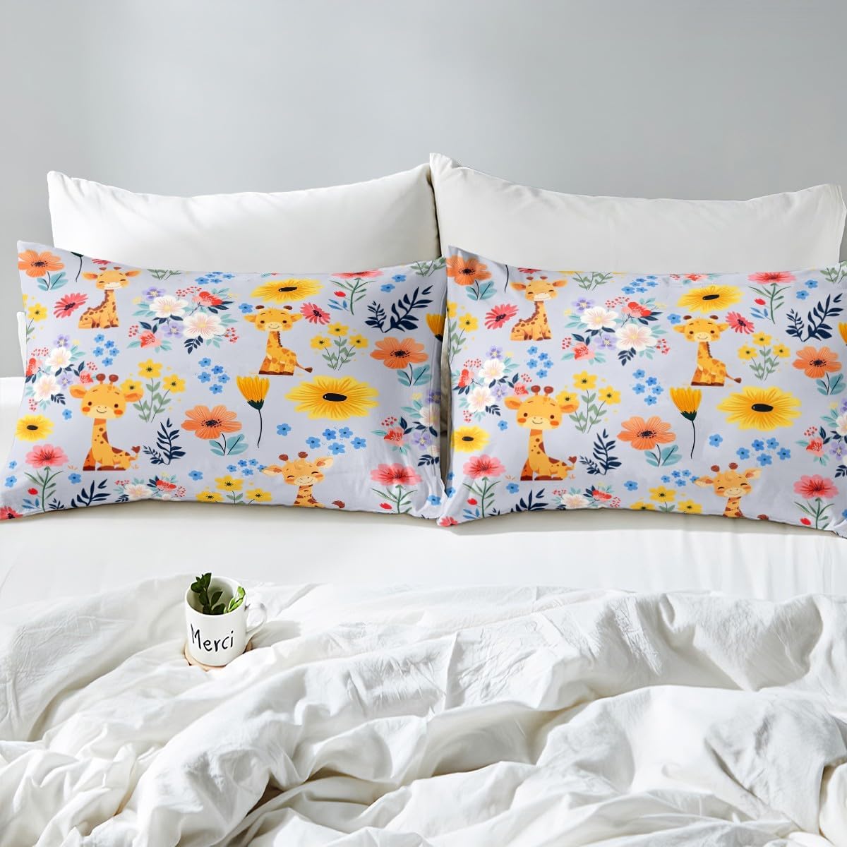 Erosebridal Giraffe Comforter Set Cute Giraffes Bedding Toddler Size for Girls Kids Teens Kawaii Cartoon Floral 2Pcs Bedding Sets, 3D Animal Print Duvet Set with 1 Pillowcase, Christmas Reverse