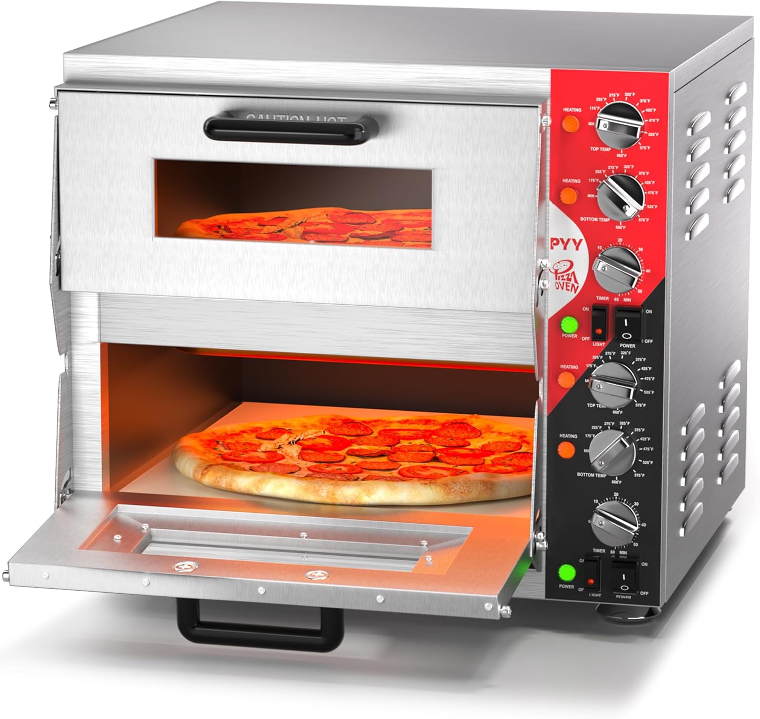 PYY 16" Indoor Electric Double Decker Pizza Oven w/Pizza Stone for Restaurant Home,Countertop Pizza Oven with 60-min Ring Timer, Commercial Pizza Oven with 4 Large Heat Tube, 3200W, ETL listed,Grey