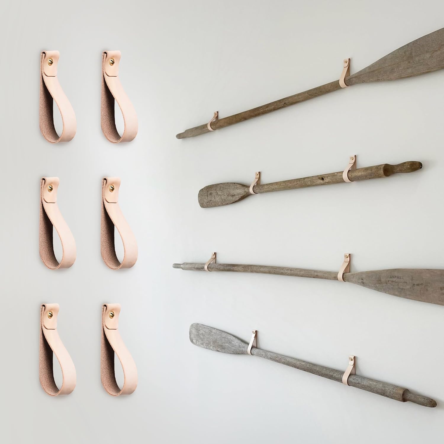 Keyaiira 6PK Genuine Leather Sustainably Sourced The Original Wall Strap - Decorative Curtain Rod Holder Bracket Wall Mount Hanging Display Loop, oars, Blankets, Macrame (Veg-TAN, Brass Screws)
