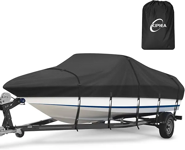 Kipiea Trailerable Boat Cover- 20-22 ft feet Heavy Duty Waterproof Boat Covers, Double PU Waterproof, Fits V-Hull, Fish & Ski, Pro-Style, Fishing, Bass Boats, 20'-22' Long X 100" Wide