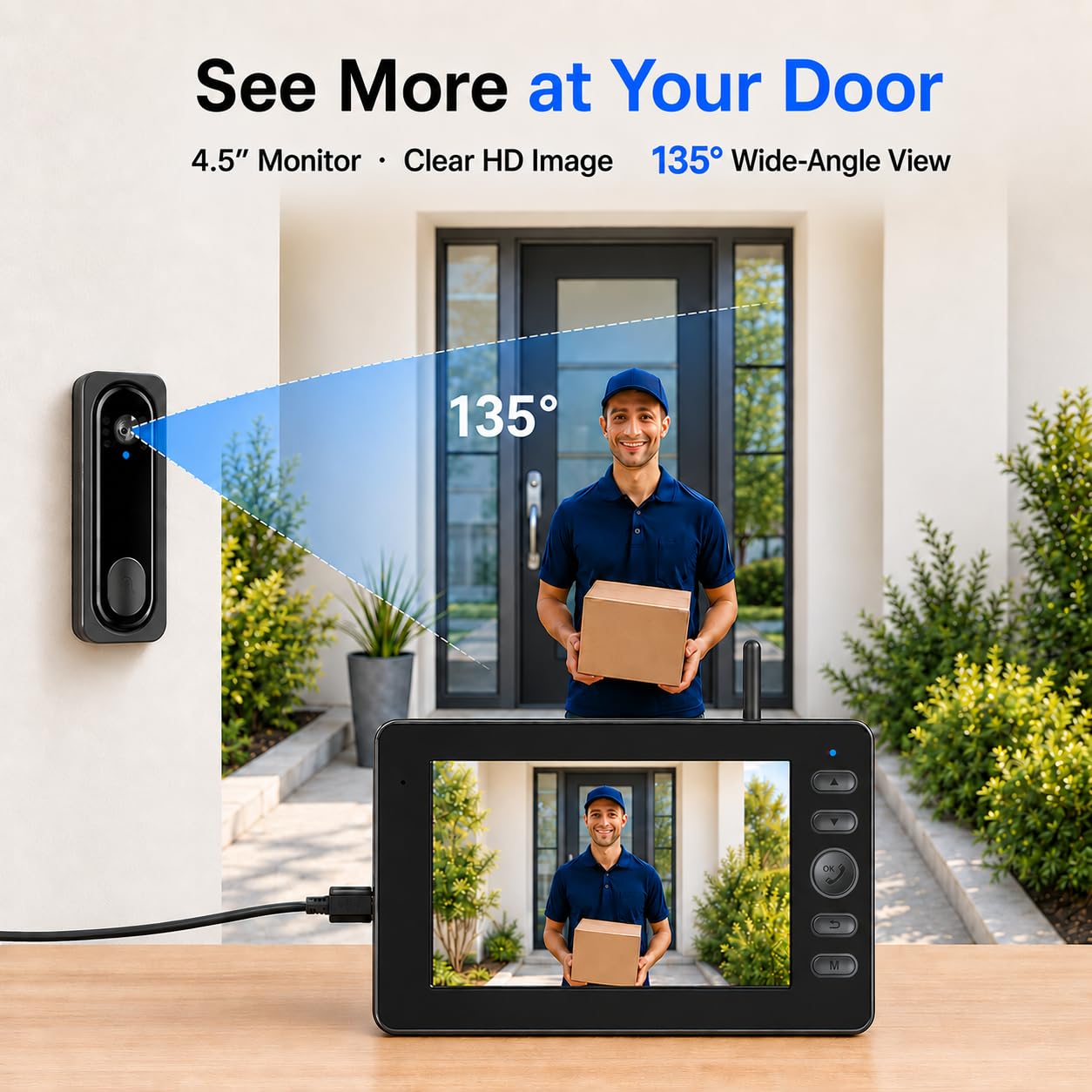 TKMARS Timbre Inalámbrico con Cámara y Pantalla de 4,5", Videoportero HD