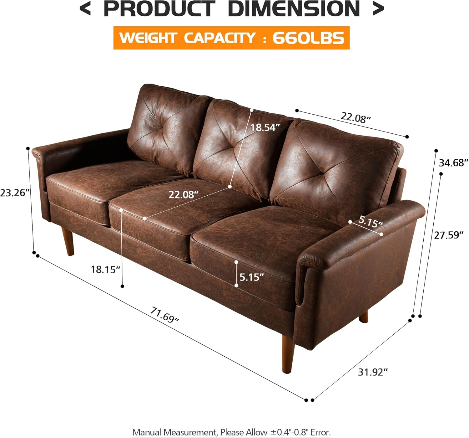 HOOOWOOO 72" Faux Leather Couch Small Sofa Living Room Couch 3 Seater Sofa Modern with Button Tufted Back Cushioned Square Arm for Small Bedroom Apartment,Dark Brown