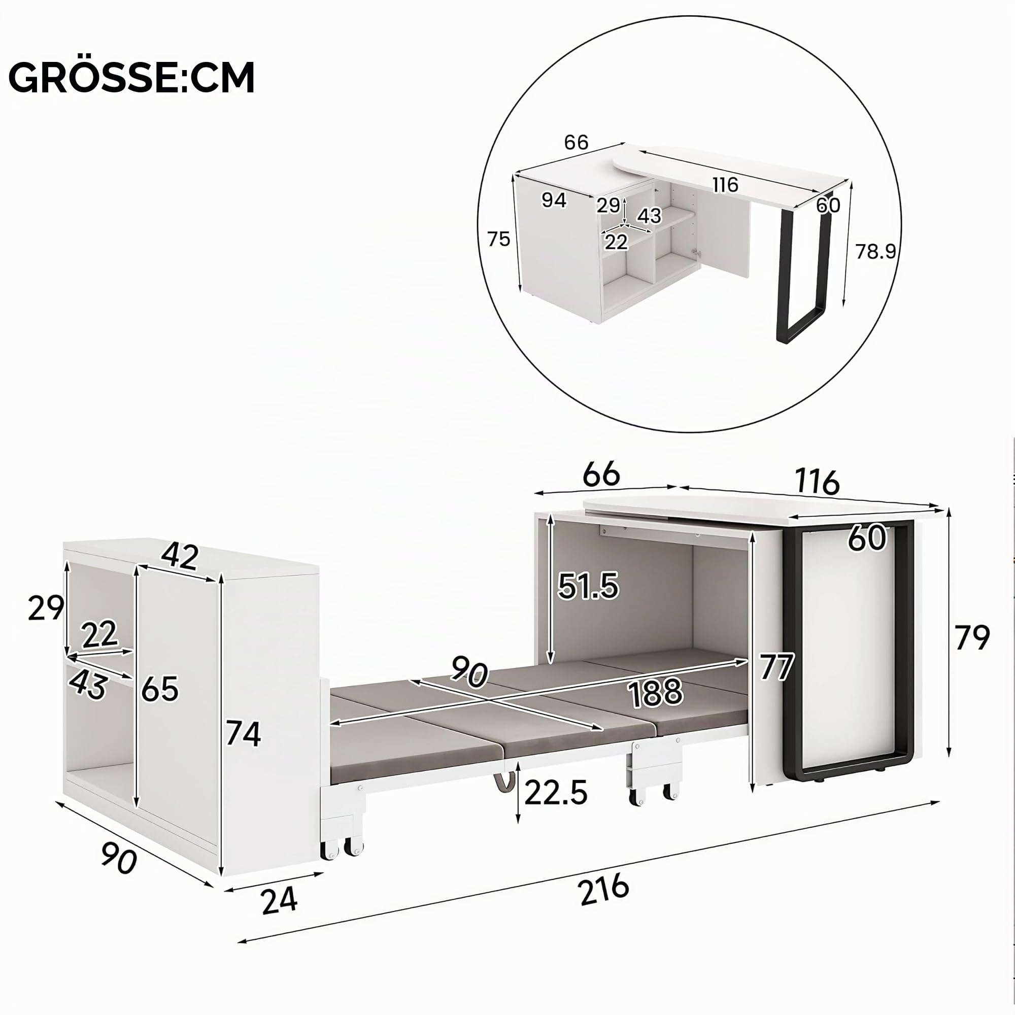 BTM 2-in-1 Klappbett mit Matratze Eckschreibtisch mit Stauraum und Rollen Bett mit Schreibtisch Schrank Gästebett Klappbar Weiß