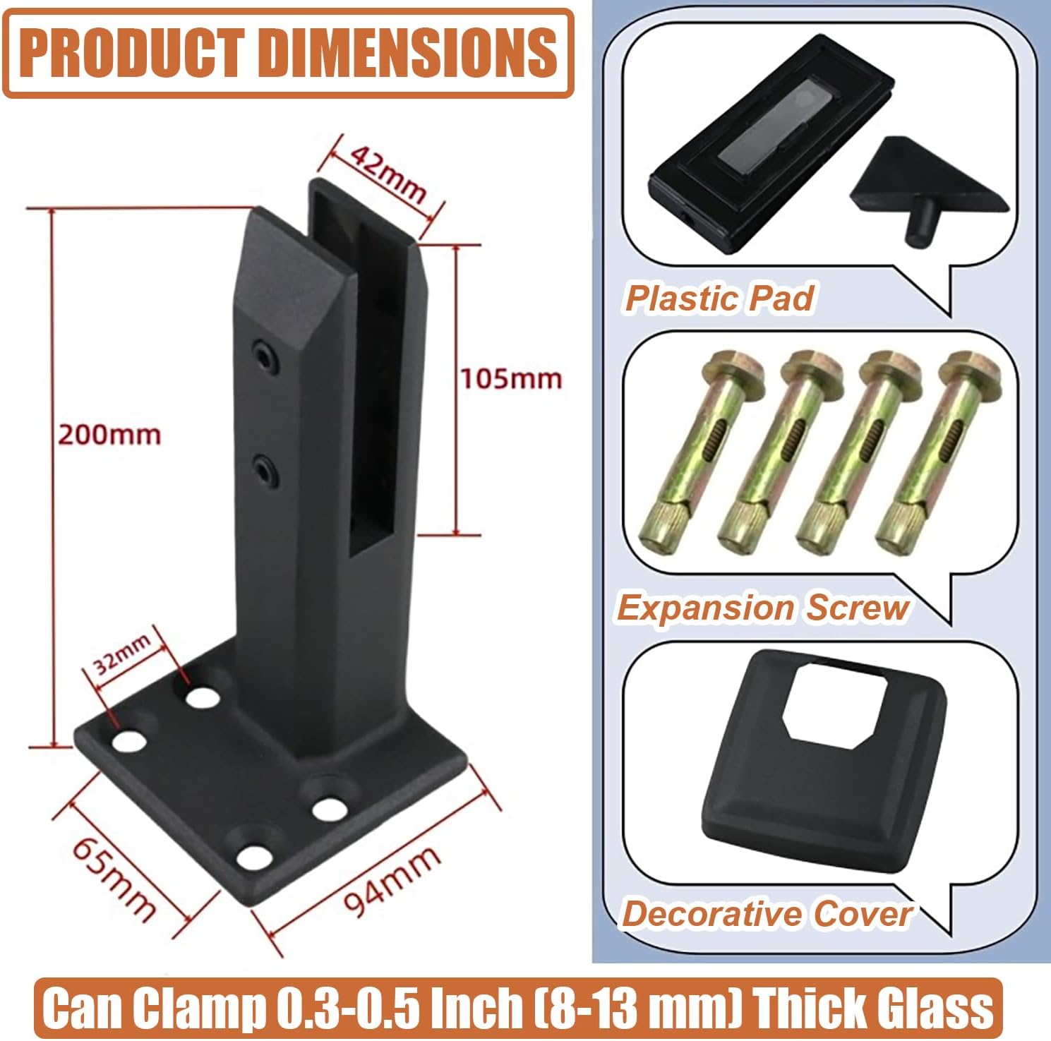 Eccentric Installation Glass Railing Clamp, Stainless Steel Pool Fence Clamp, Adjustable Glass Brackets for Glass 8-13mm Thickness,Floor Mount Glass Clamp,Black