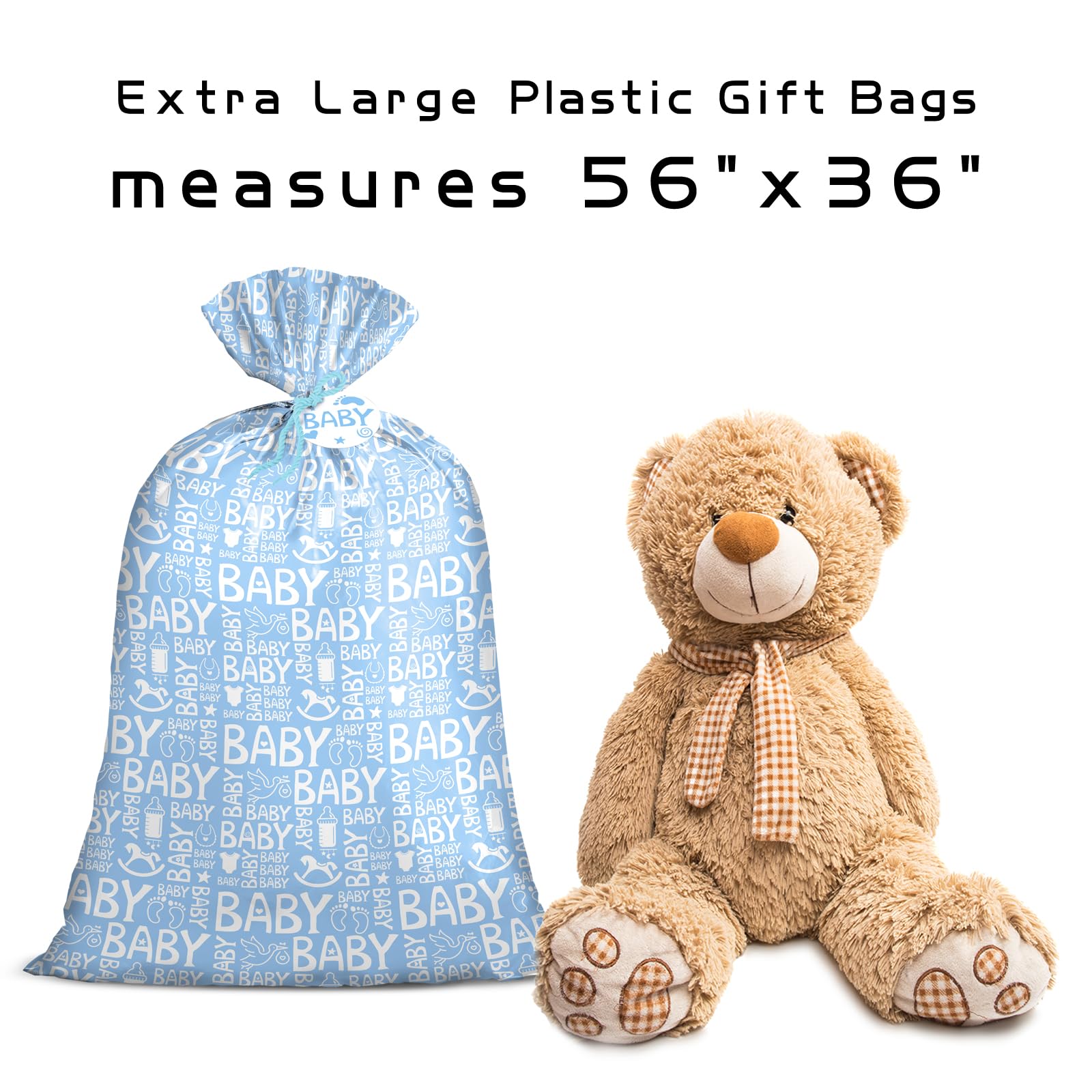Loveinside Blue Jumbo Large Plastic Gift Bag, Baby Girl Design Plastic Bag with Tag and Tie for Birthday, Baby Shower and Holiday, 56" x 36", 1 Pcs