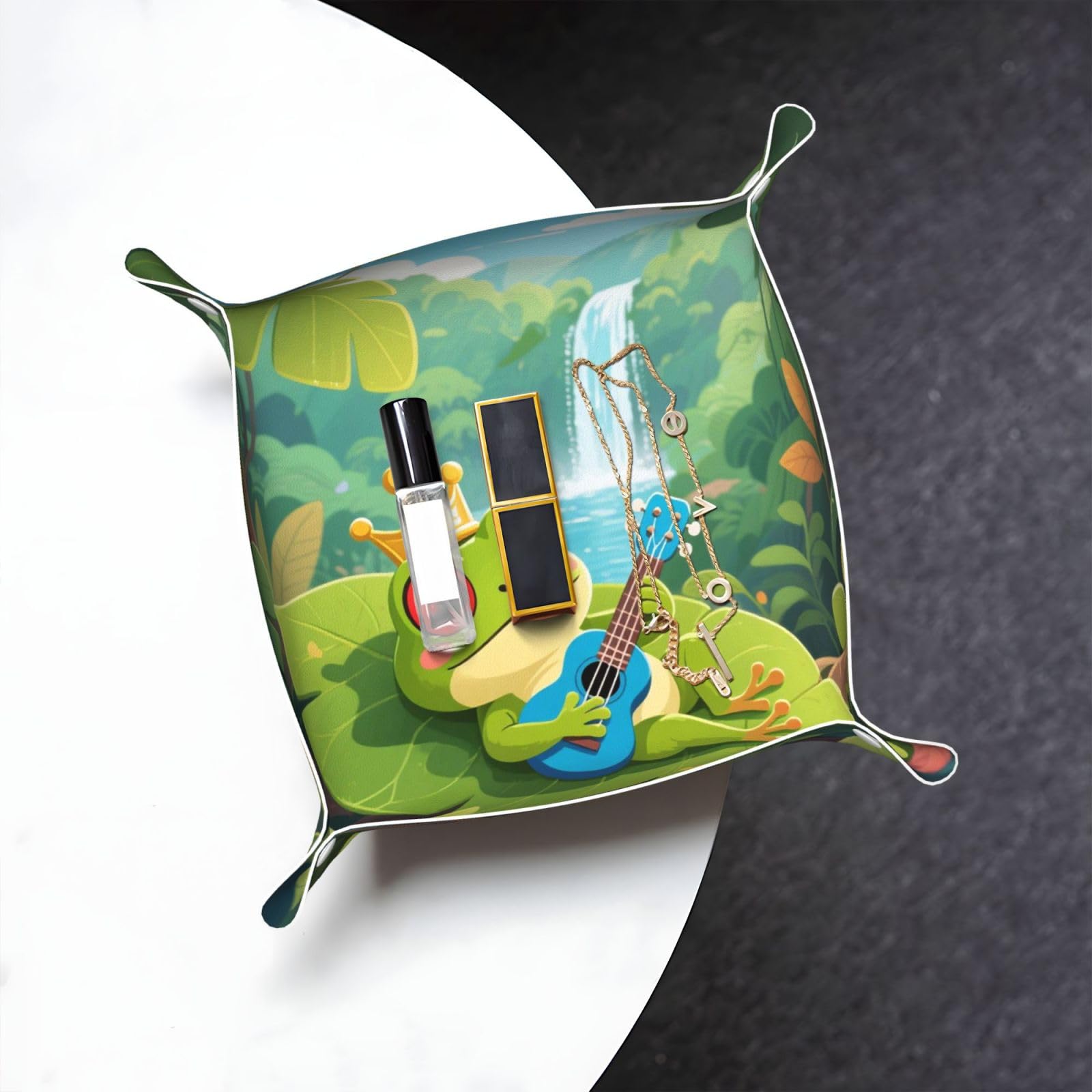 Cute Frog Valet Tray Organizer Pu Leather Travel Catchall Tray Organizer Portable Jewelry Tray Storage Keys Tray for Entryway Table Coins Watches Candy
