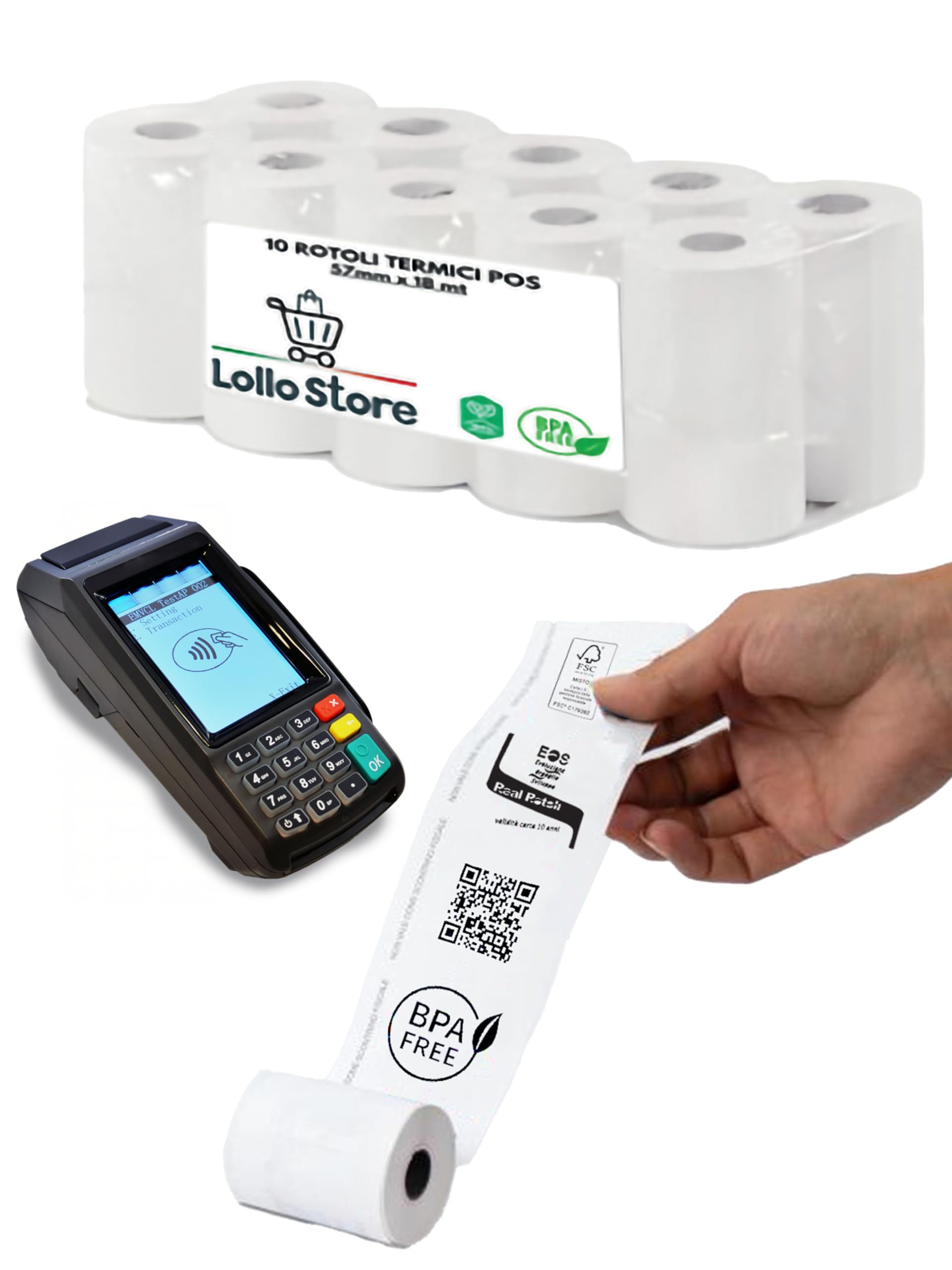 Rotoli Pos 57x20 mt Carta Termica – Confezione da 10 Rotoli – Senza BPA, Alta Sensibilità di Stampa – Omologato Valenza Fiscale Per Registratori di Cassa, Bar e Tabacchi - Anima 12mm - Made in Italy