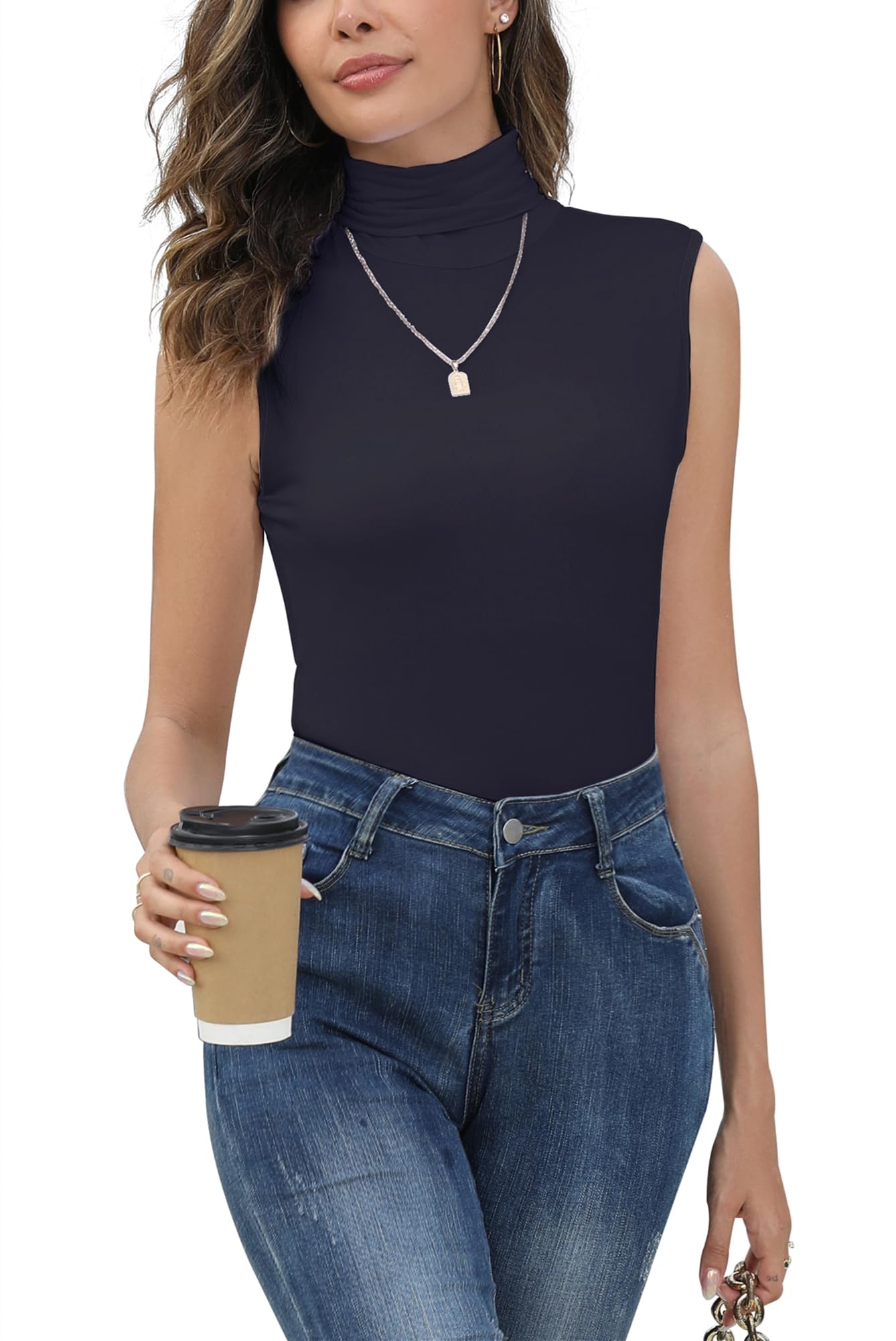 Yukiuiny Damen Rolli Top Elegant Rollkragenshirt ohne Ärmel Dünn Leicht Unterziehrolli Dehnbar Basic Jersey Weste Slim Fit