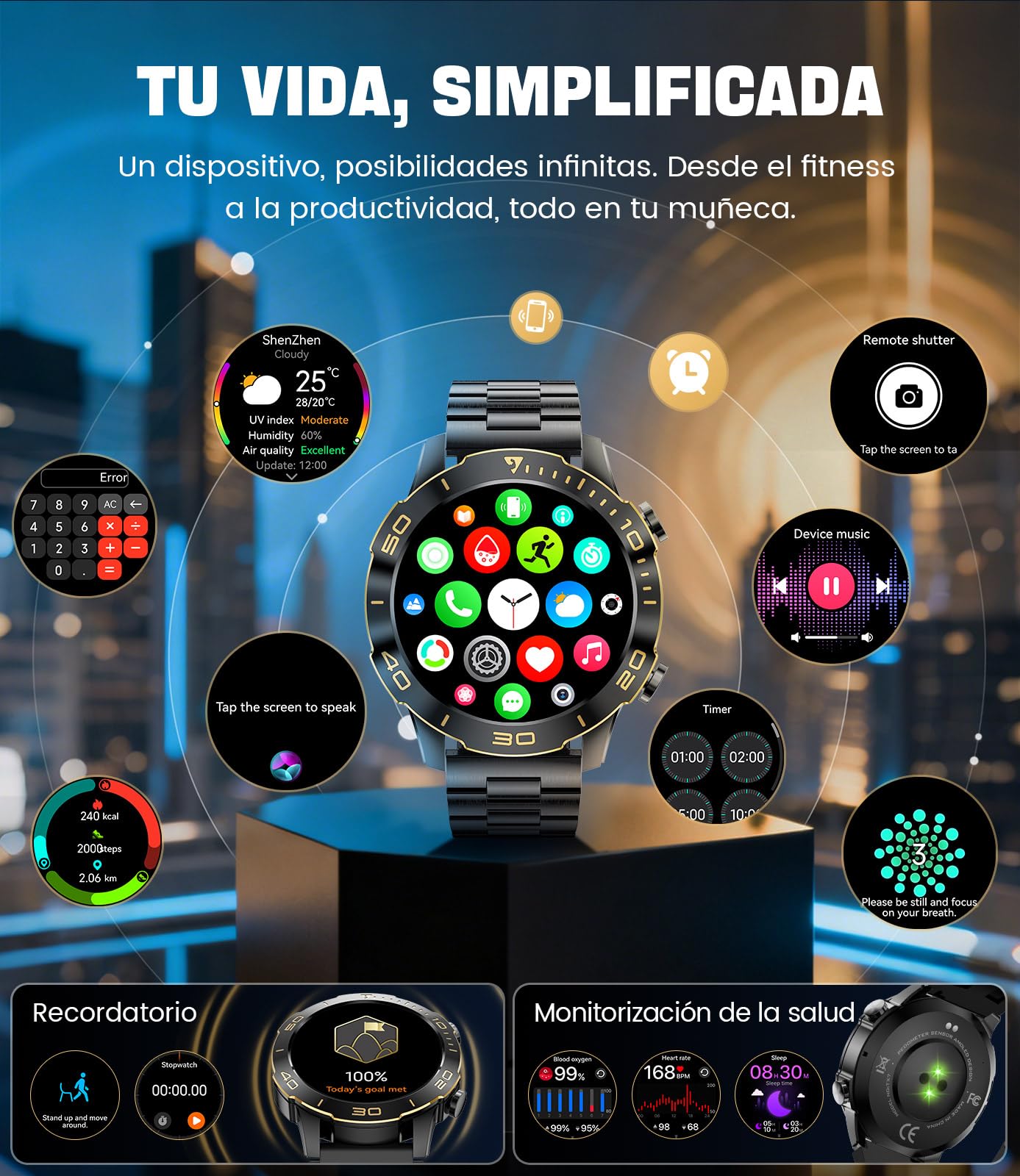 LIGE Reloj Inteligente Hombre, 1.43" AMOLED Smartwatch con 24/7 Frecuencia Cardíaca, SpO2, Duración del Sueño, A Prueba de Agua IP68, 170+ Deportes, 300+ Esfera, Caja Negra con Indicios Dorado