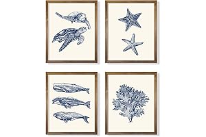 Coastal Wall Decor: Serene Navy Blue Sea Star, Turtles, Grass, and Whales Wall Art