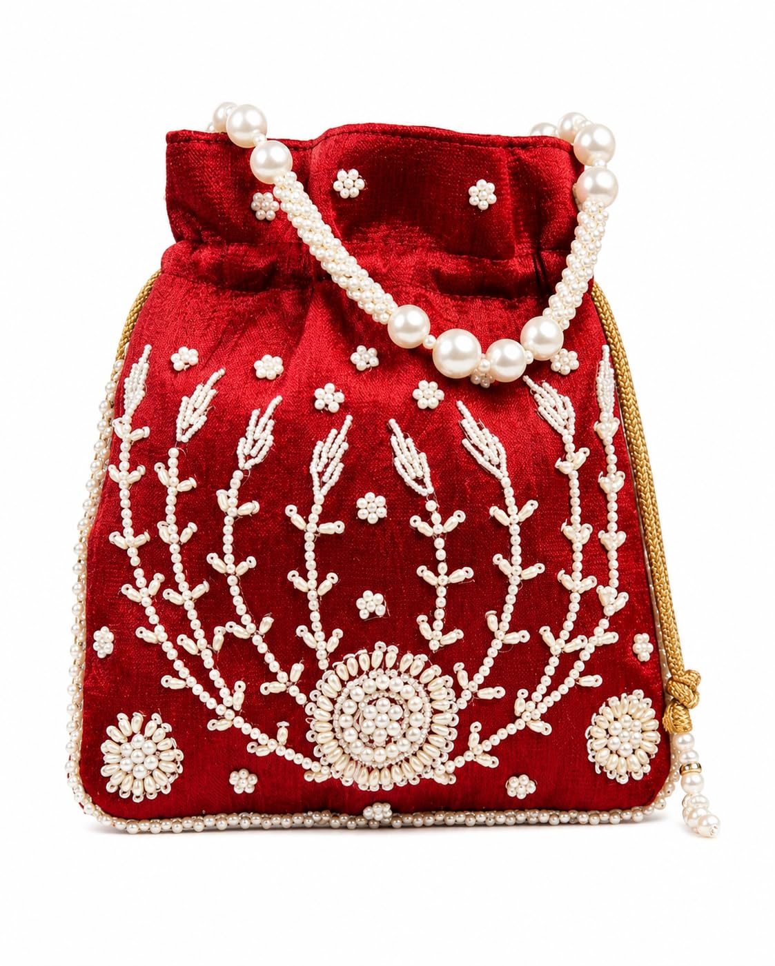 Maroon Potli Bag with Pearl, Drawstring Potli, Bridal Wedding Potli-image-6
