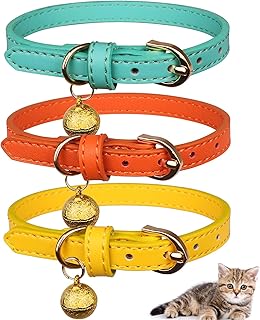 Jamktepat 3 Pack Leather Cat Collars with Bells Soft Pet Safety Collar Kitten Collars with Bell Orange Yellow Mint Green(XS)