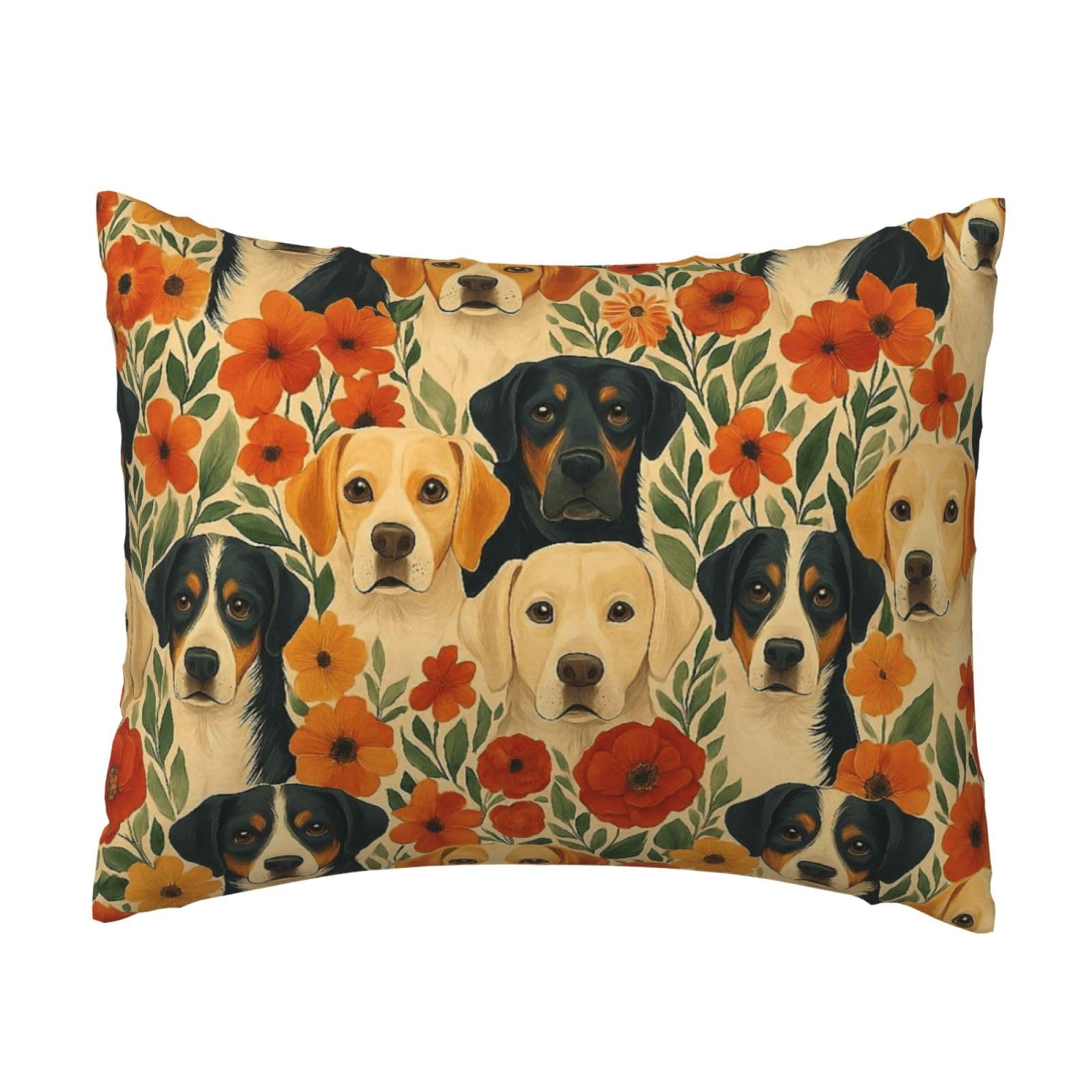 Adorable Dogs and Floral Pillowcase Soft Plush with Zipper Decorative Pillowcovers 16x20 in