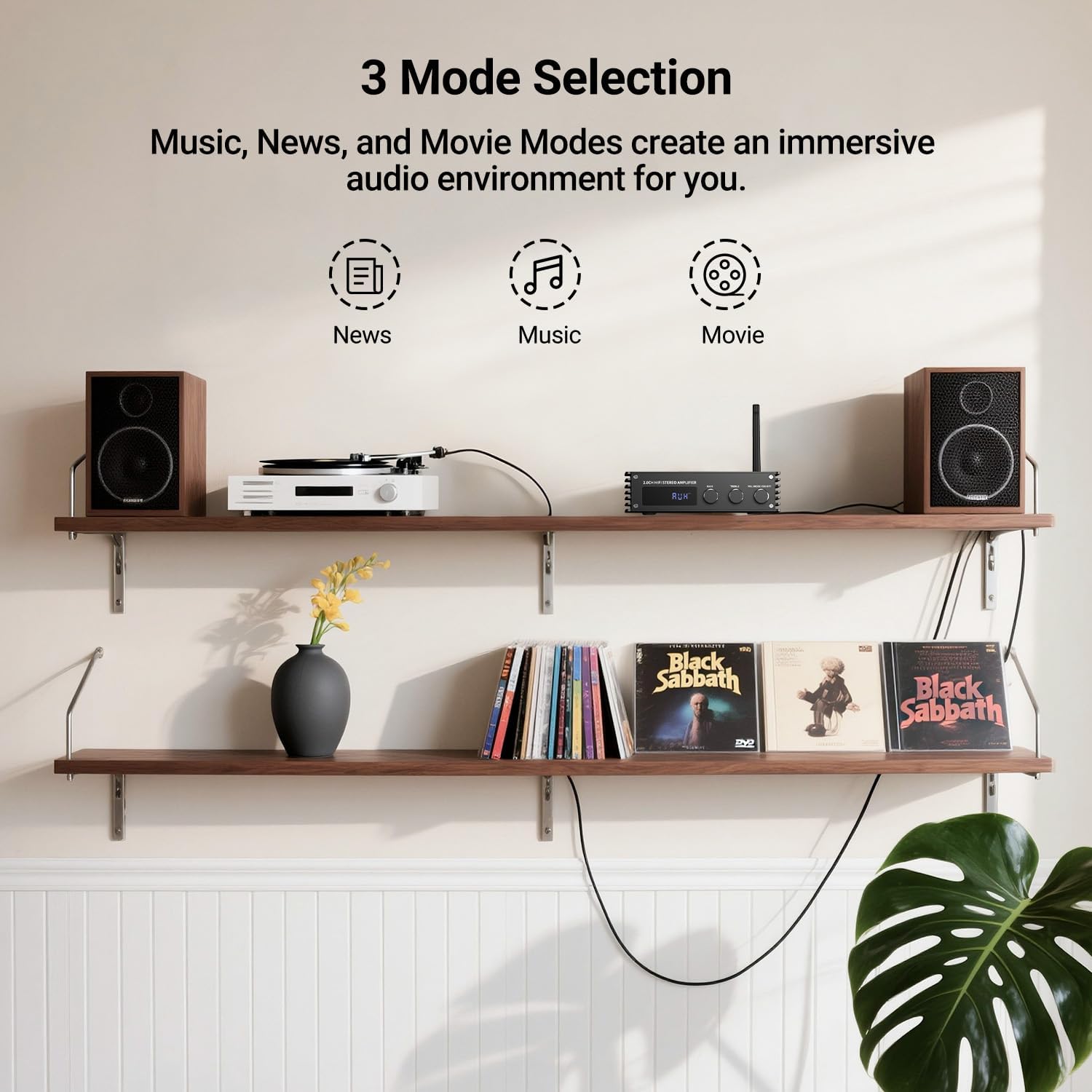 Three distinct sound modes: News, Music, and Movie, with corresponding icons and descriptions