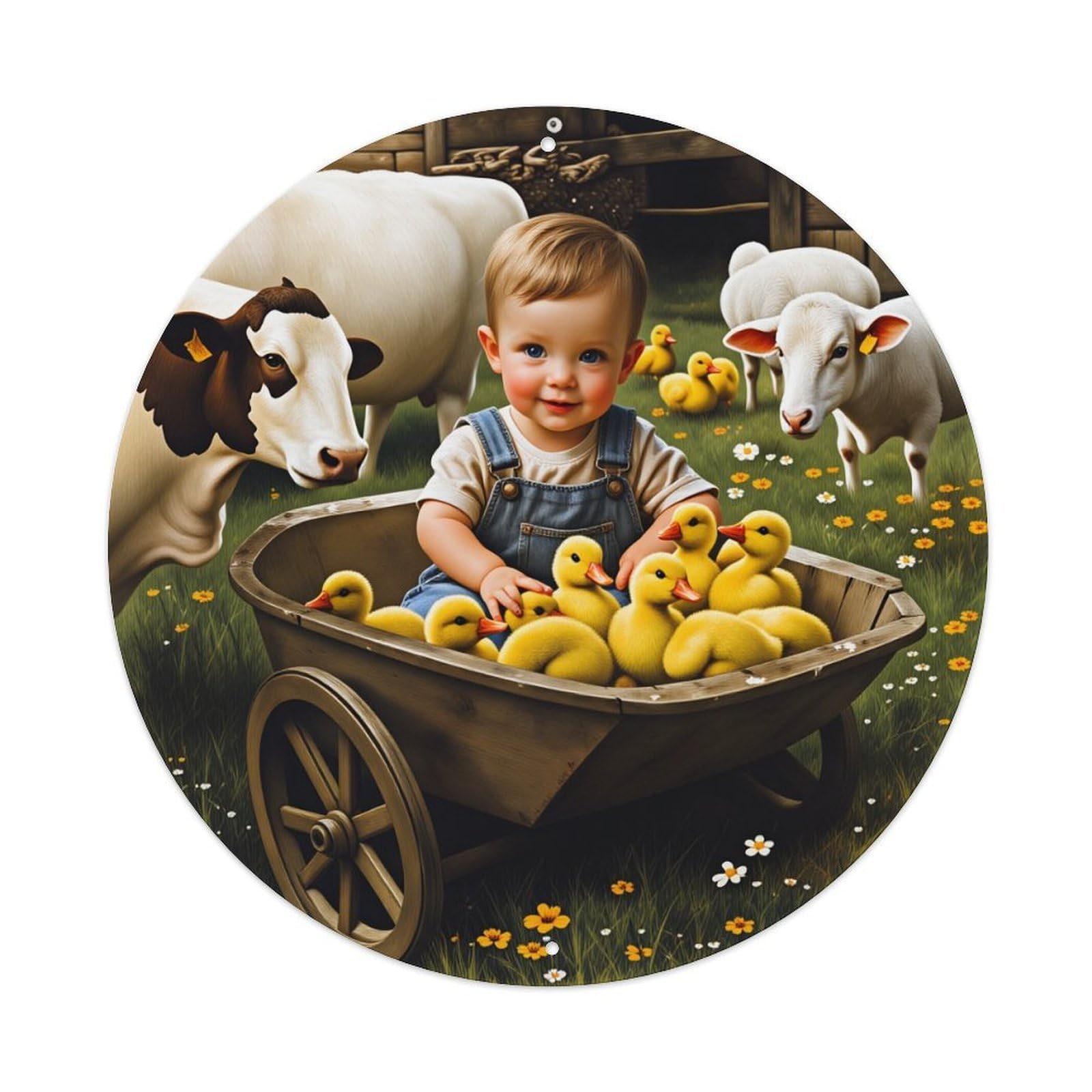Farmyard Child Duck Wheelbarrow Cows Metal Tin Sign Vintage Garden Bedroom Cafe Bar Man Cave Home Wall Decor Metal Poster 8x8 inches
