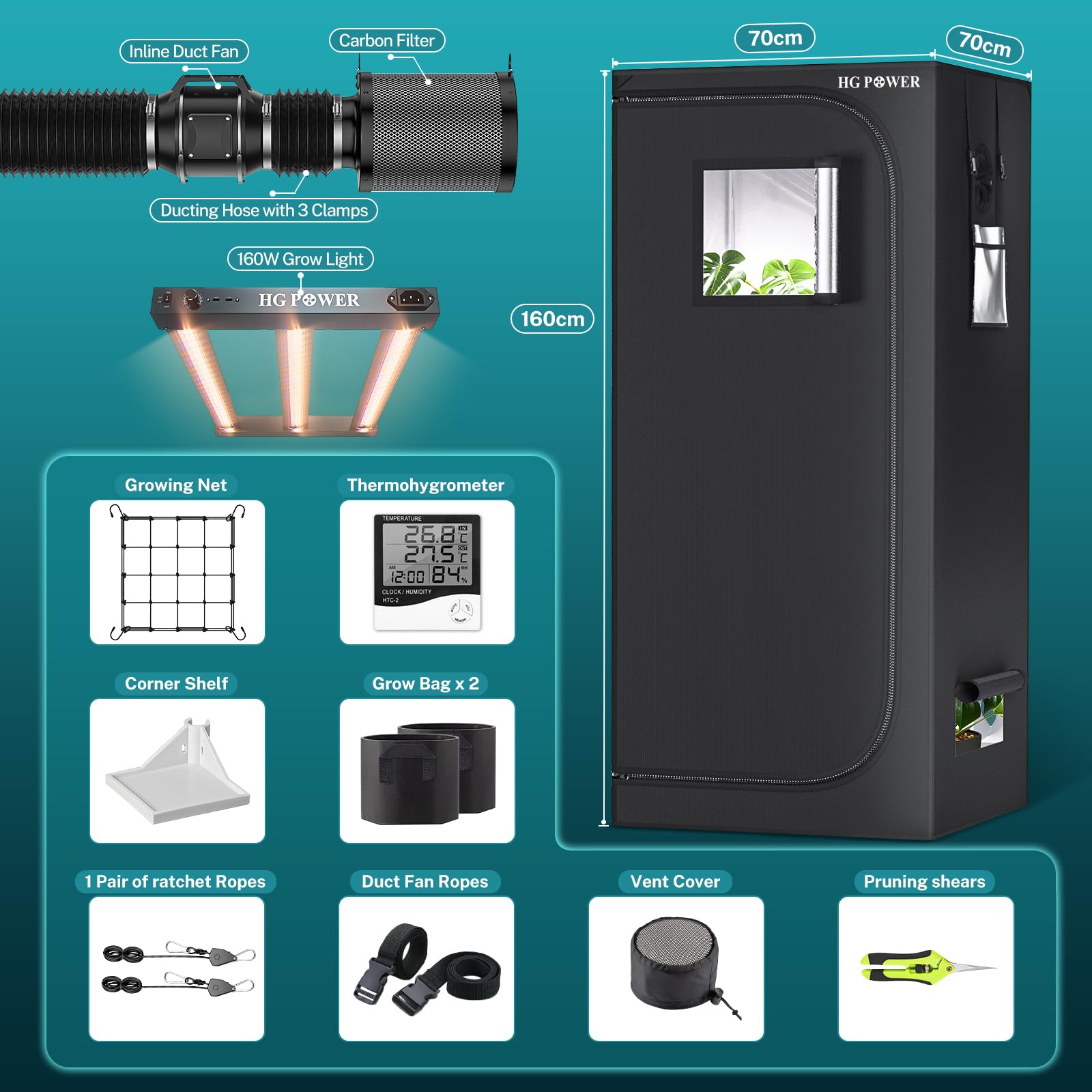 HG Power 160W Growzelt Komplettset 70x70x160cm, Growbox mit Dual-Mode LED Lampe UV+FR, 100mm Rohrventilator Aktivkohlefilter Belüftungssystem