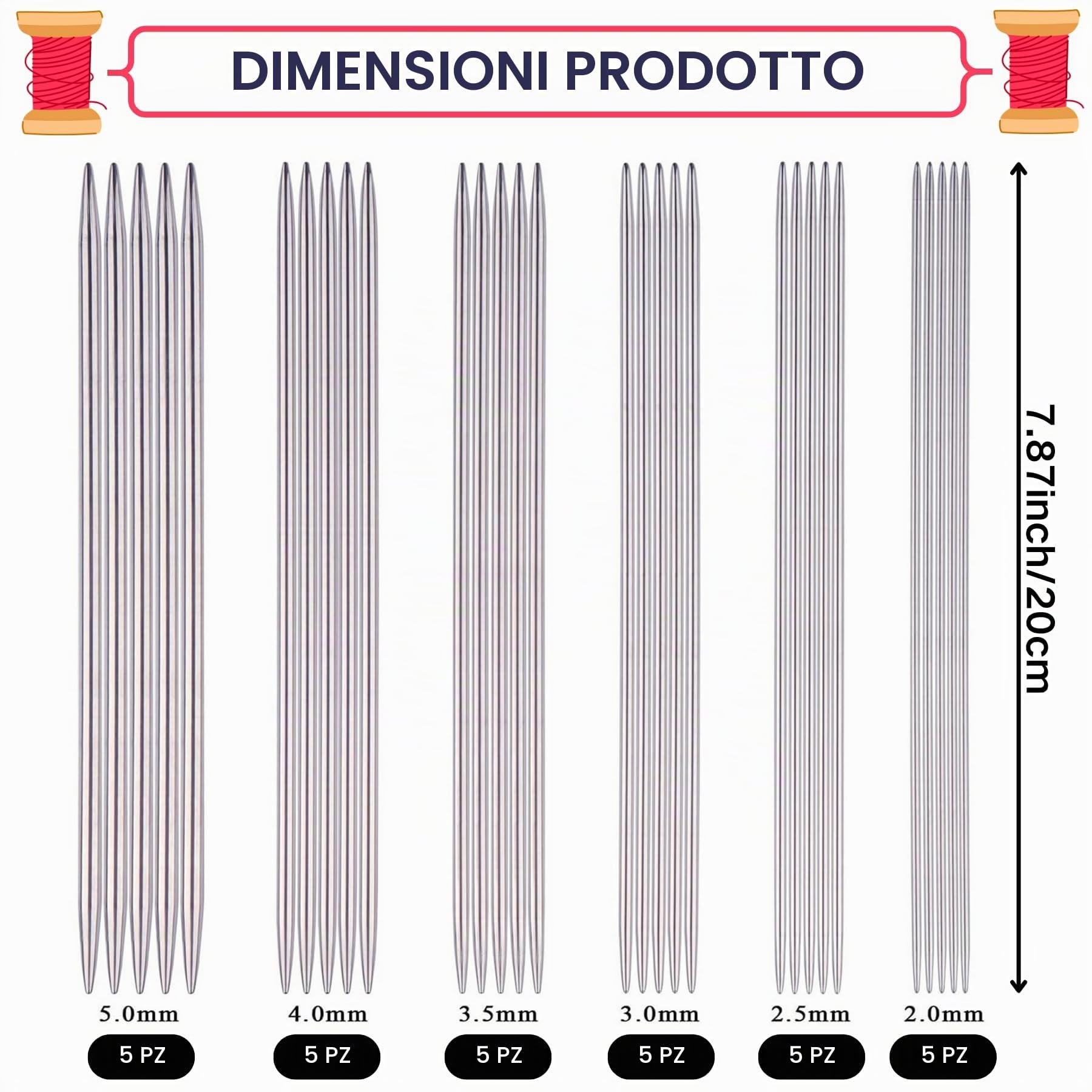 Set ferri da maglia acciaio inox 20 cm 30 pezzi 2,0-5,0 mm doppia punta calze guanti cappelli