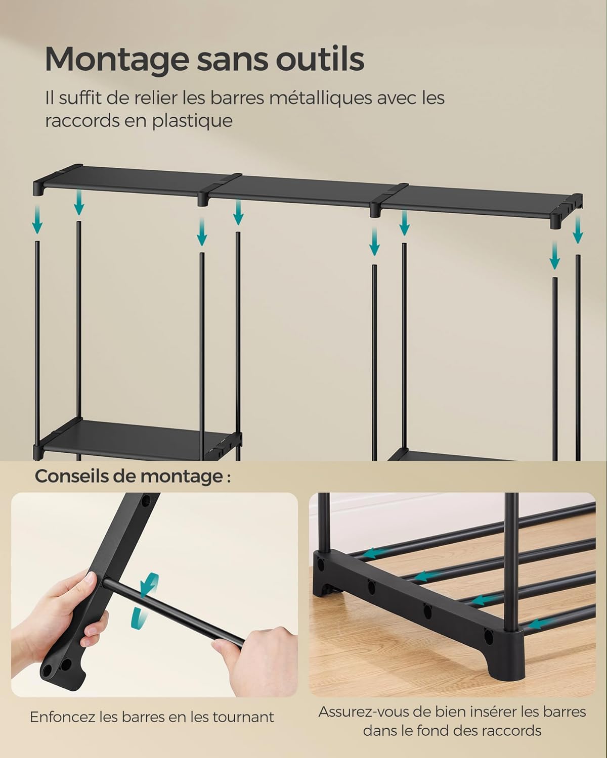 Diagram showing tool-free assembly by connecting metal bars with plastic connectors, with close-ups of twisting bars into connectors and ensuring full insertion.
