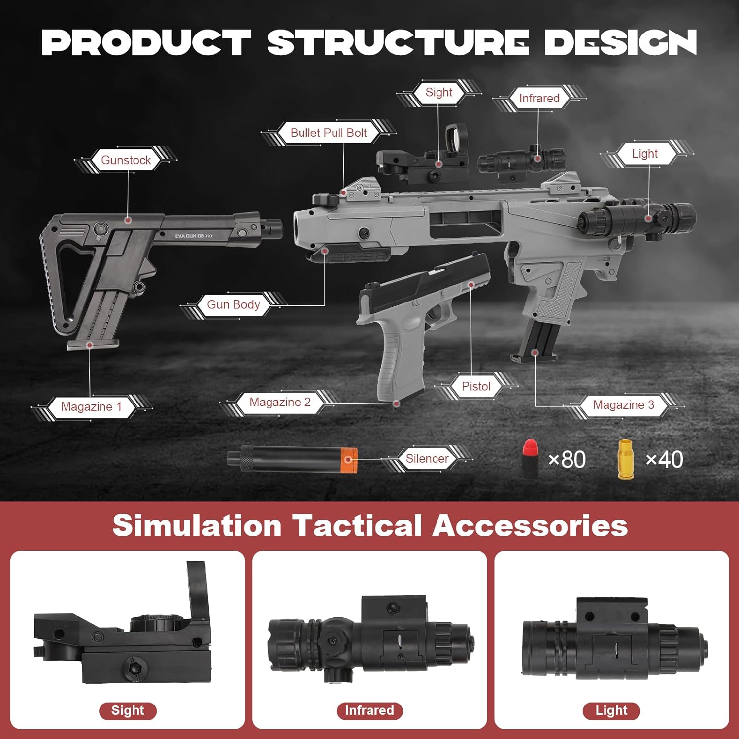 Soft Bullet Two Modes Toy Gun Shell Ejecting with 80 Soft Bullets 40 Shells, Realistic Gray Toy Guns, Shooting Play Gun
