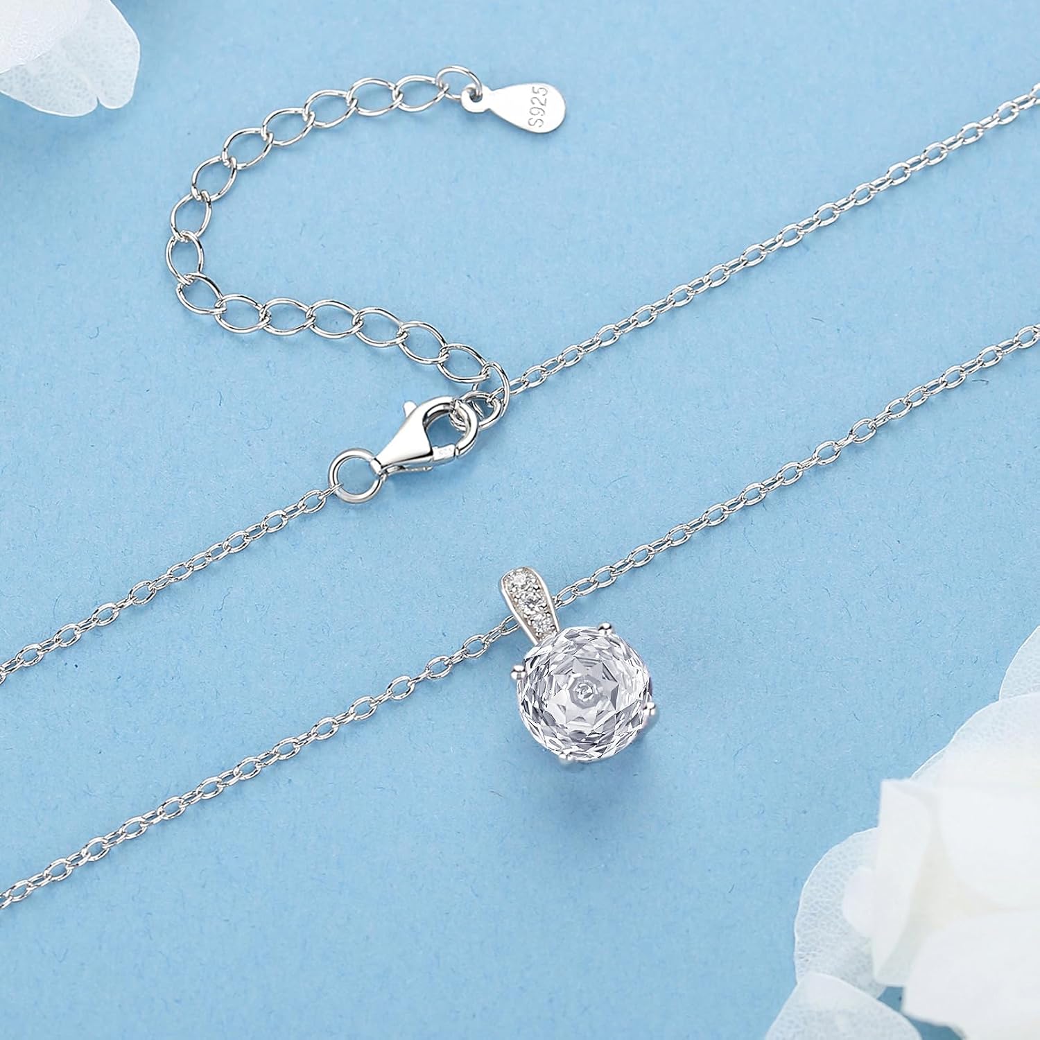 925 Sterling Silver 2CT Simulated Diamond Necklaces for Women,Rose Cut 5A Cubic Zirconia Solitaire Diamond Pendant Necklaces 18"+2" Jewelry Gifts