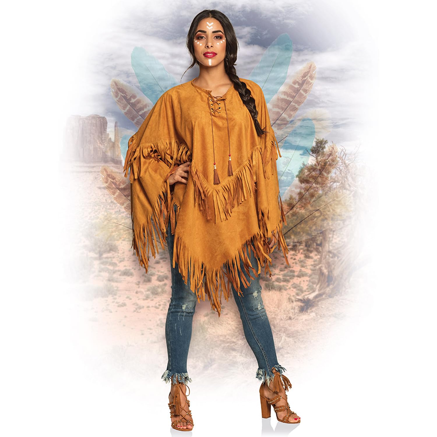 Boland - 44095 - Poncho indiano, marrone, taglia unica per adulti, mantello in pelle con frange e perline, capo, cowboy, squaw, carnevale, festa in maschera, Halloween, festa a tema