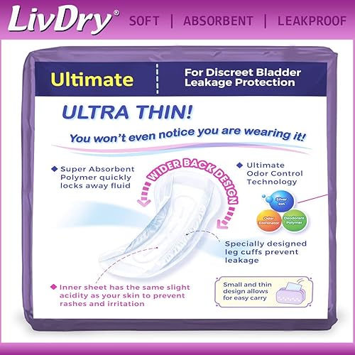 Vista 13 de LivDry Incontinence - Almohadillas ultrafinas para mujer, protección contra fugas y control de olores, extra absorbentes (moderado, 48 unidades)