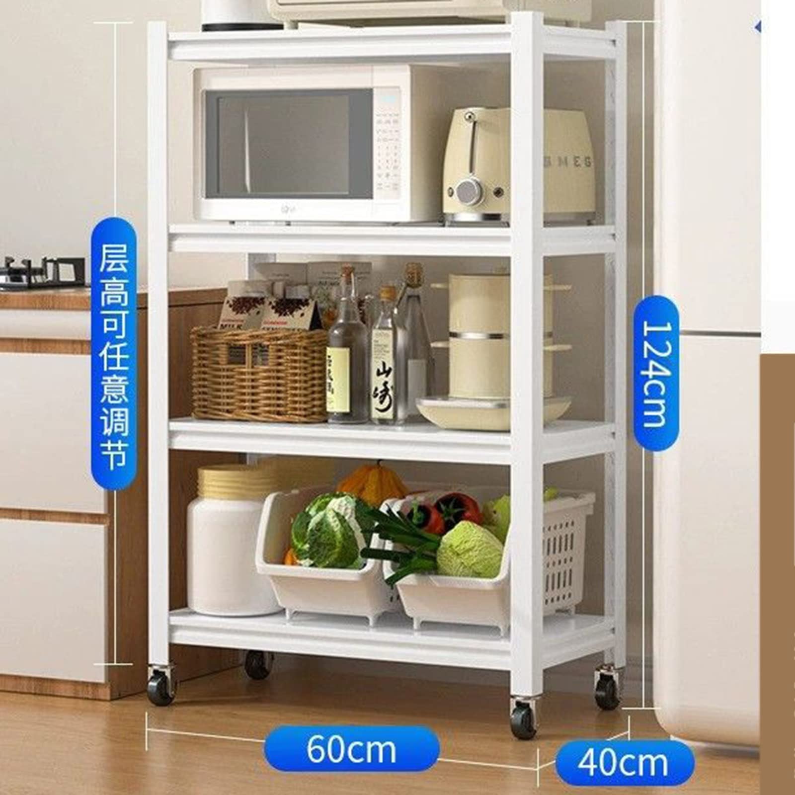 Scaffale da cucina industriale con ripiano autoportante per barattoli di spezie a microonde, bianco, 60 x 40 x 124 cm