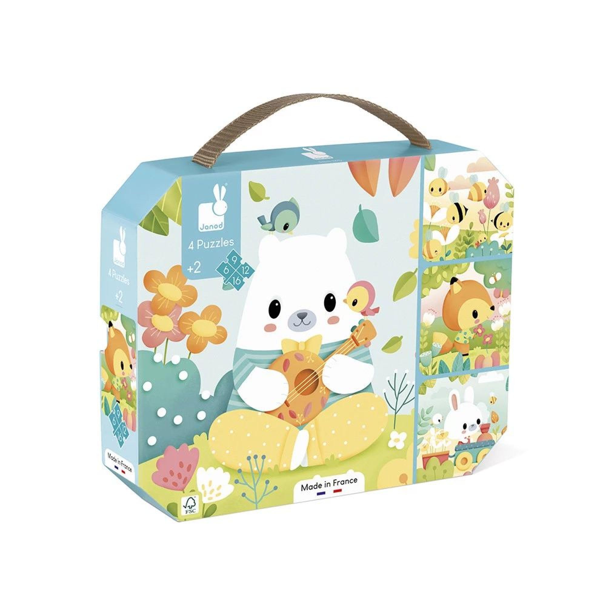 Janod Puzzle di 4 animali evolutivi, 6-​9-​12-​16 pezzi, Puzzle progressivo, Giocattoli educativi, Per sviluppare pazienza e destrezza, Made in France, Da 24 mesi, J02552